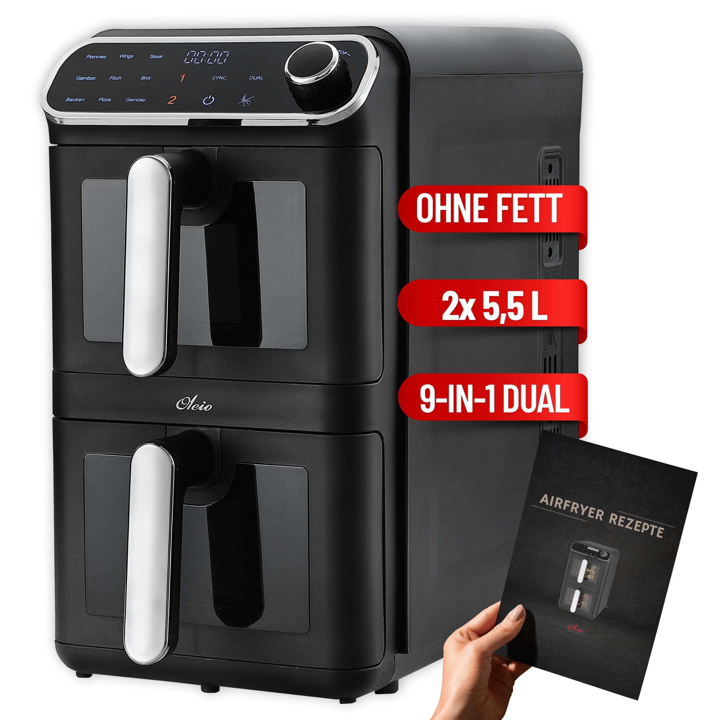 Oleio Heißluftfritteuse Oleio Maestro Twinfryer, 2460 W, Vertikal Dual Kammer Heißluftfritteuse 2x 5,5 Liter 2460W