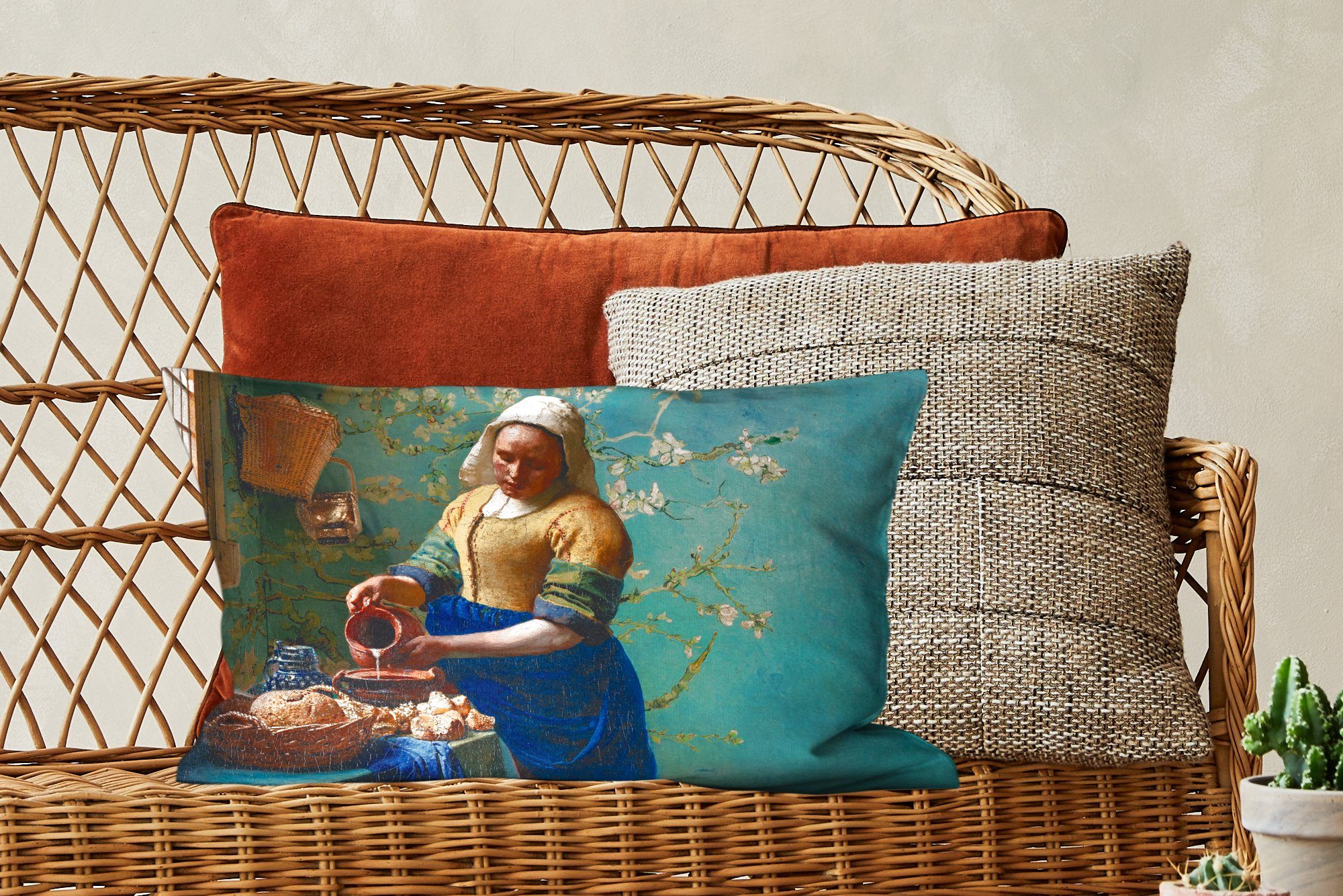Dekokissen Dekoration, - Füllung, Van - Schlafzimmer Milchmädchen Gogh Mandelblüte Vermeer MuchoWow - mit Gemälde Wohzimmer Alte, Dekokissen - - Zierkissen,