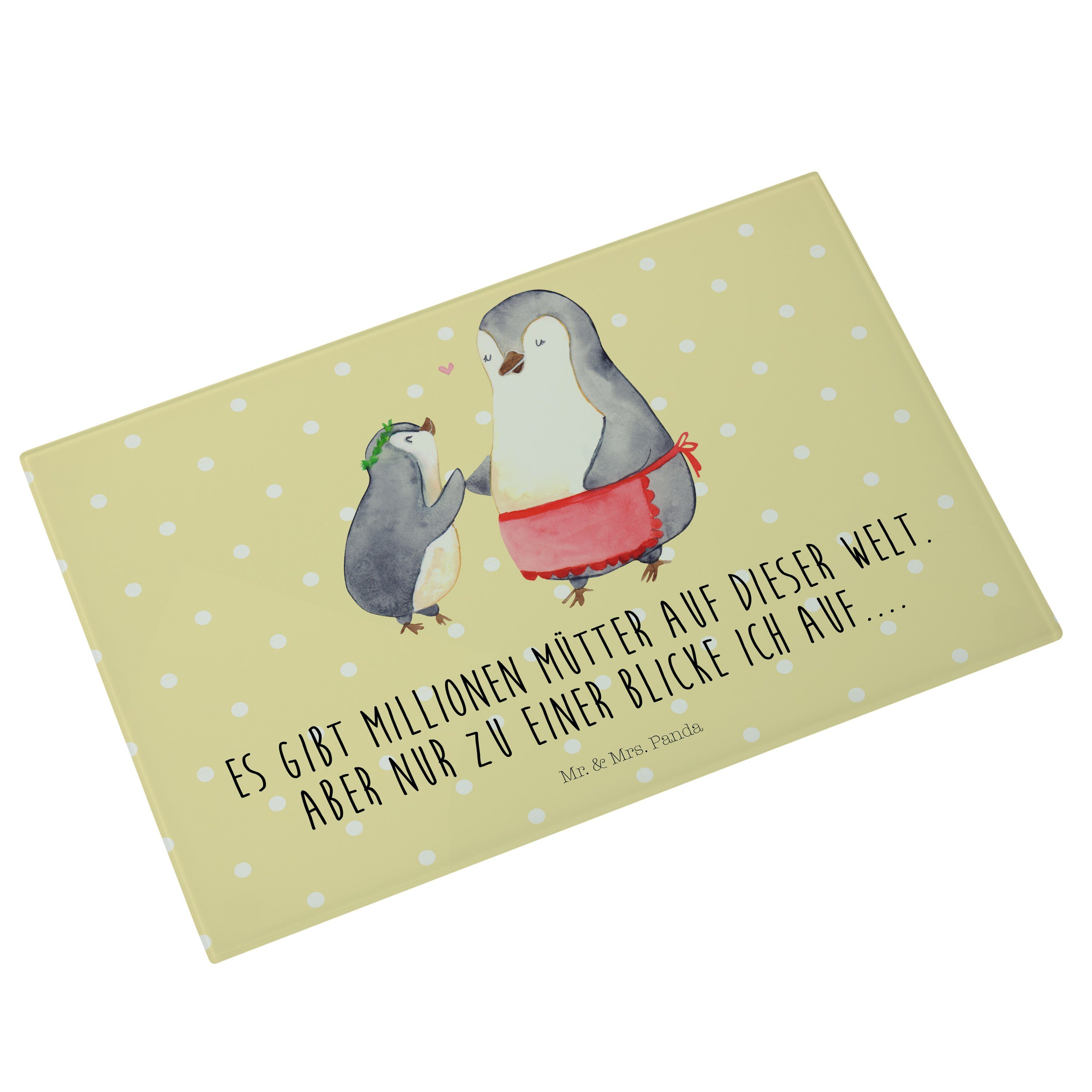 Panda Pinguin Geschenk, Mama, Mr. mit Premium - Mutti, Servierbrett Glas, Gelb (1-St) Tochter, Kind - Oma, Pastell Mrs. &