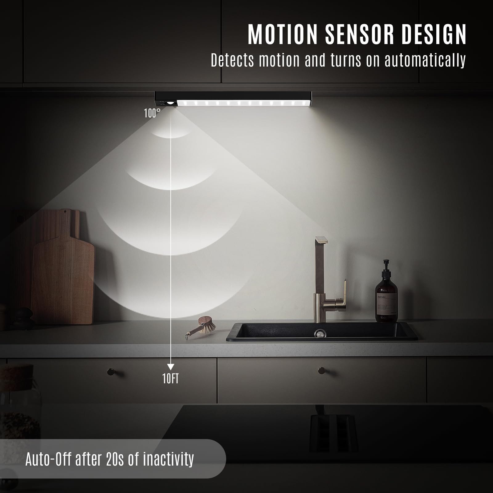 LQWELL LED Unterbauleuchte mit Bewegungsmelder, Dimmbar, Akku, USB-C Wiederaufladbar Schranklicht, LED fest integriert, Treppenlicht Nachttischlampe 22,5 cm, 1500 mAh, 22,5 cm, 1500 mAh, Schwarz, für Küche, Kleiderschrank, Schlafzimmer