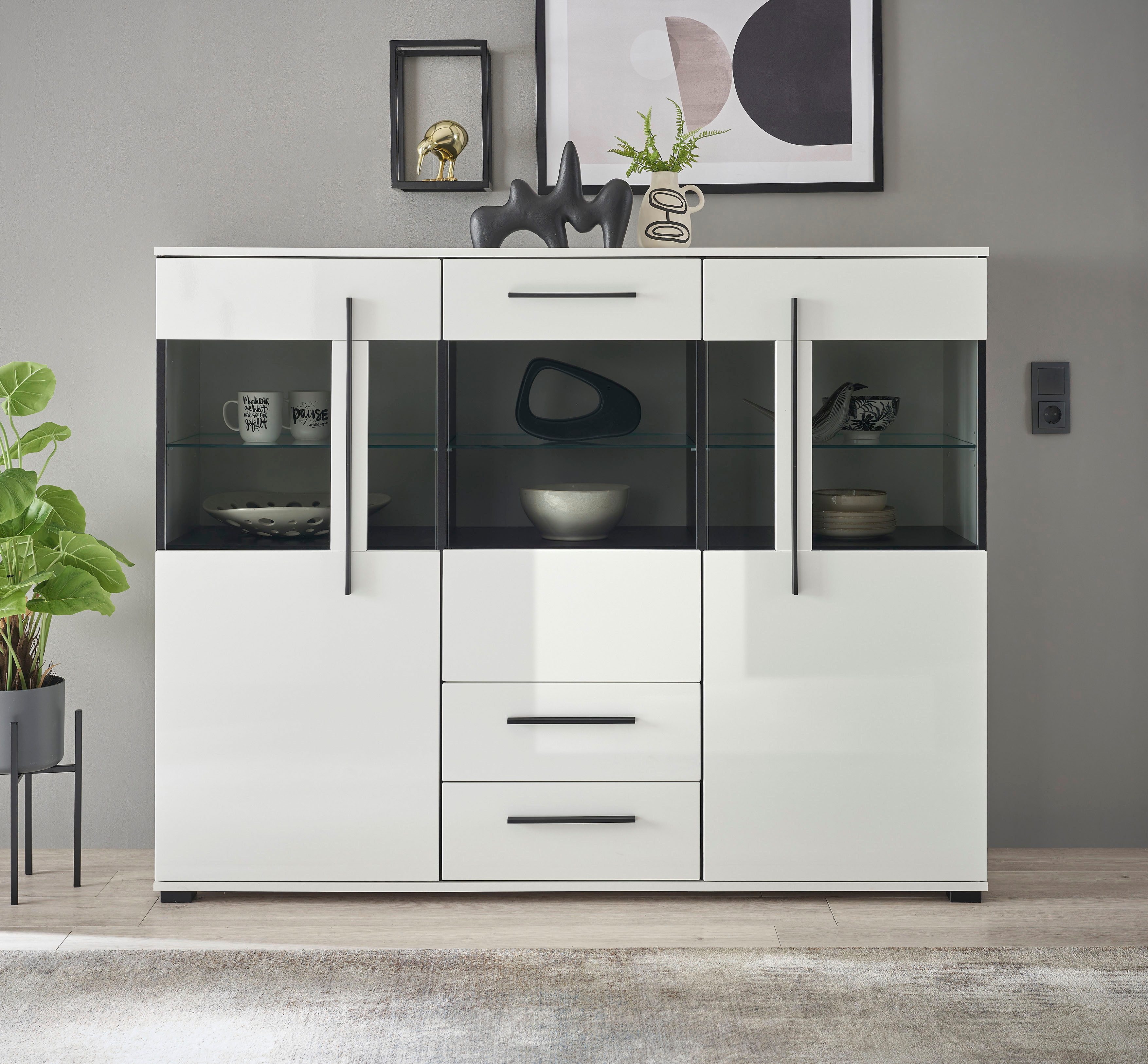 INOSIGN Highboard Cantara, moderner Schrank, Vitrine in Eiche Dekor oder weiß, schwarze Stangengriffe, ausreichend Stauraum, vielseitig einsetzbar