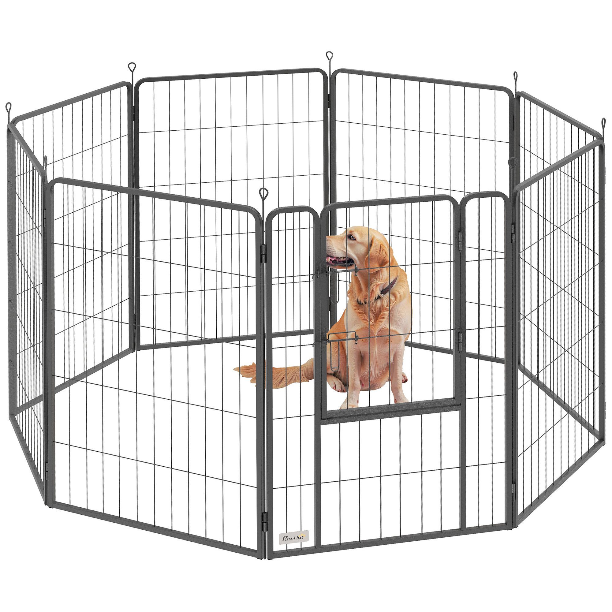 PawHut Freigehege 8-eckig, mit 8 Gitterplatten, Tür, Erdspießen, flexibel, faltbar, 100cm hoch, für Hund, Katze, für drinnen, draußen