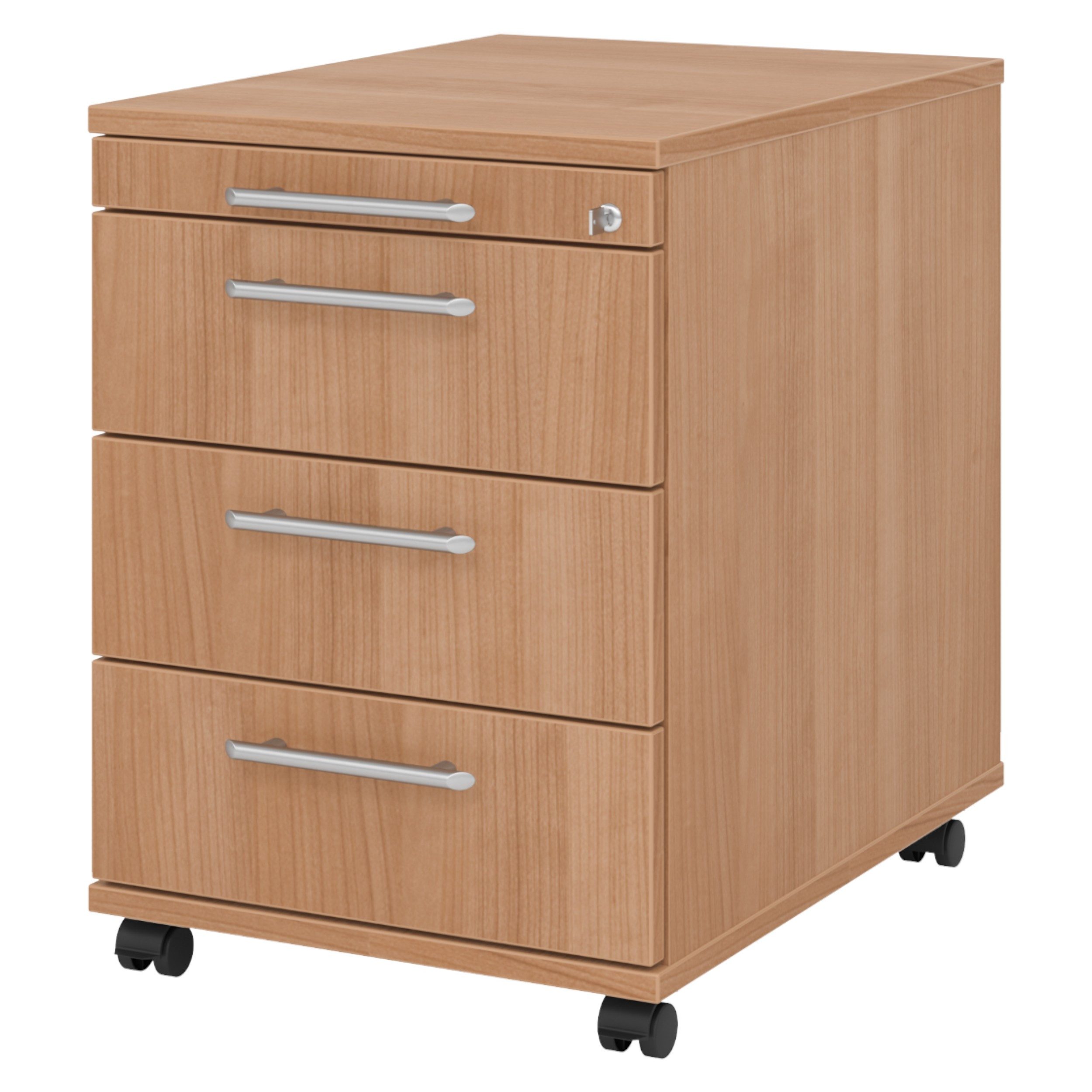 bümö Rollcontainer office Bürocontainer - 3 Materialschubladen, Dekor: Nussbaum mit Relinggriff (Kunststoff)