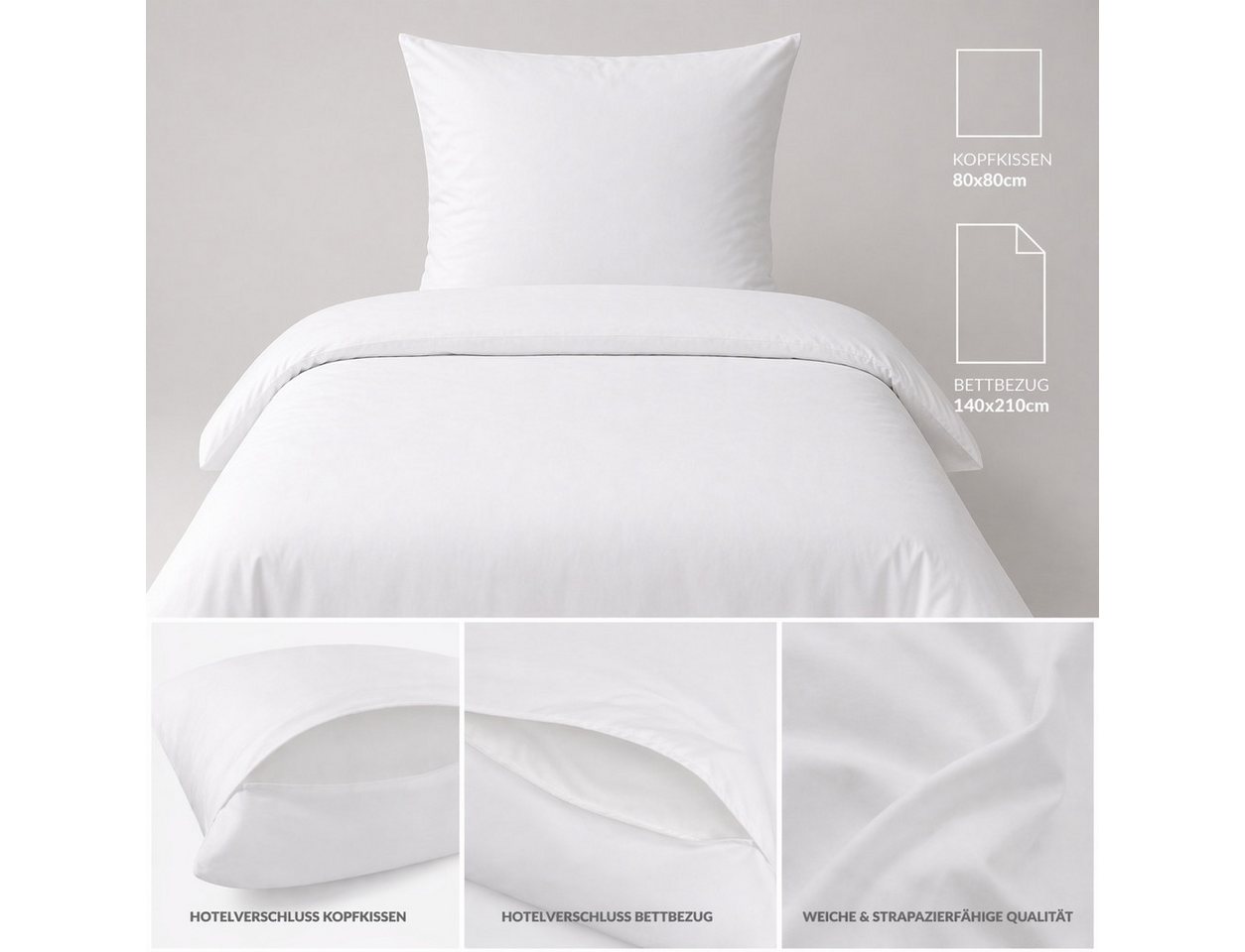 KH-Haushaltshandel Bettwäsche Bettwäsche kochfest, Hotel Verschluß, 2-tlg.: 140x210 +80x80cm, Baumwolle, mit Hotelverschluss, 100% Baumwolle