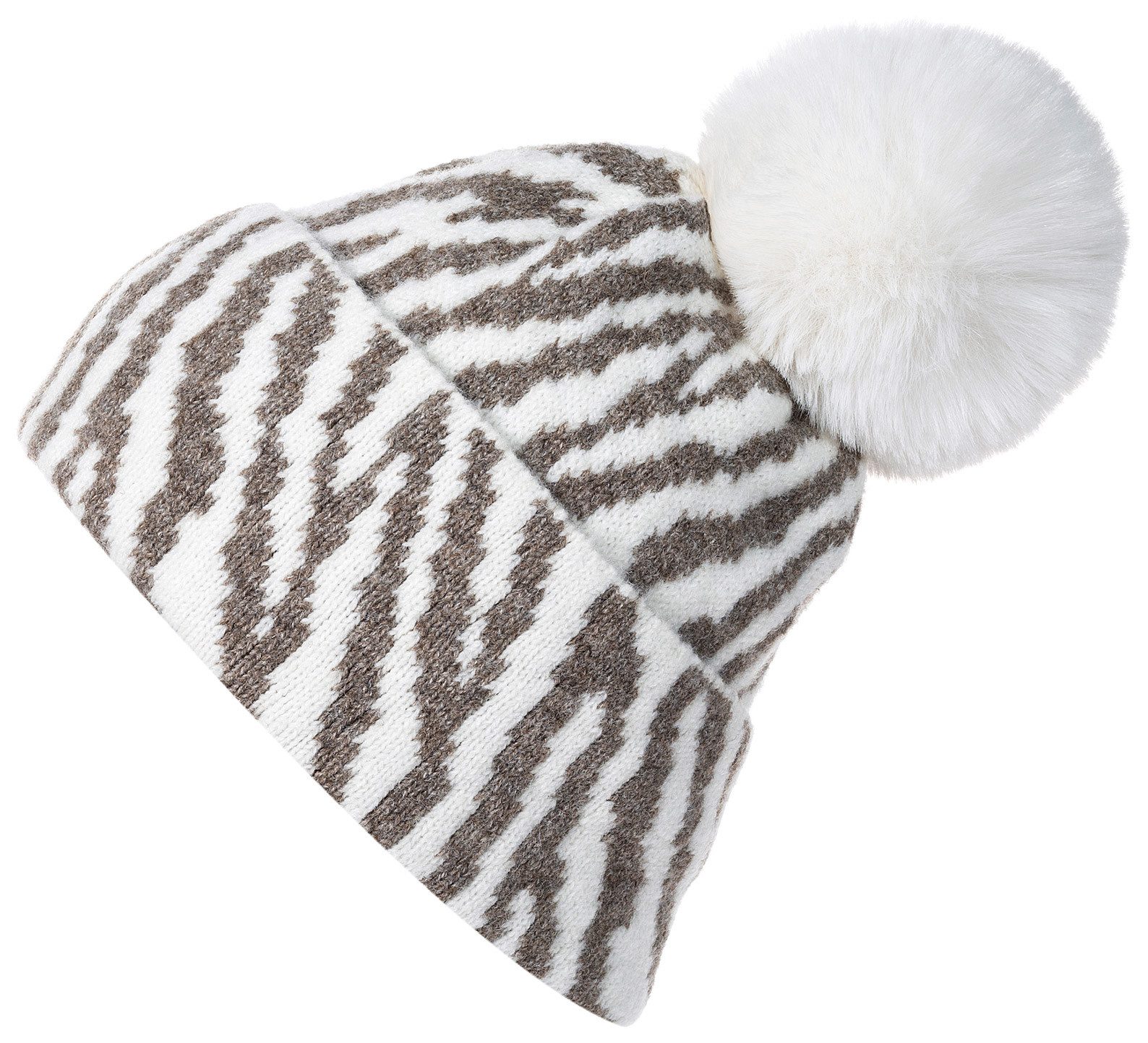 styleBREAKER Bommelmütze Strick Bommelmütze mit Zebra Muster (1-St)