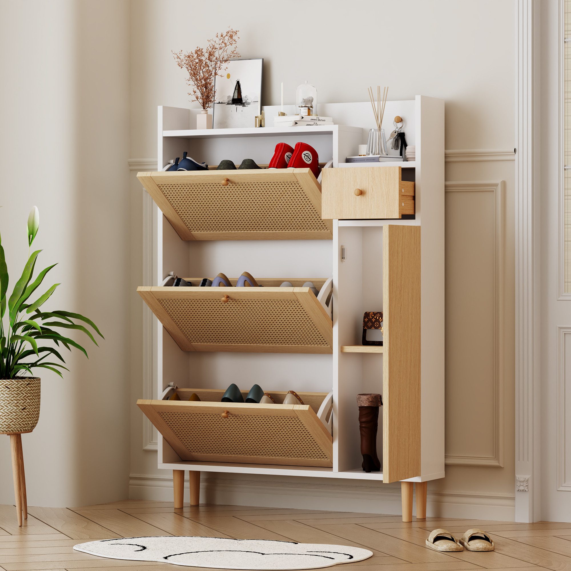 Merax Schuhschrank mit Rattandekor mit 3 Klappen, Tür und Schublade,Sideboard,Schuhkipper – Bild 4 von 5