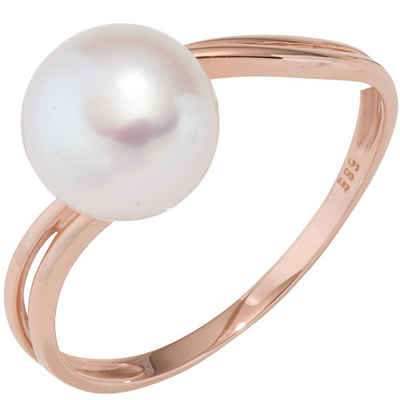 Schmuck Krone Fingerring Ring Damenring mit Süßwasser-Zuchtperle weiß 585 Gold Rotgold Perlenring, Gold 585