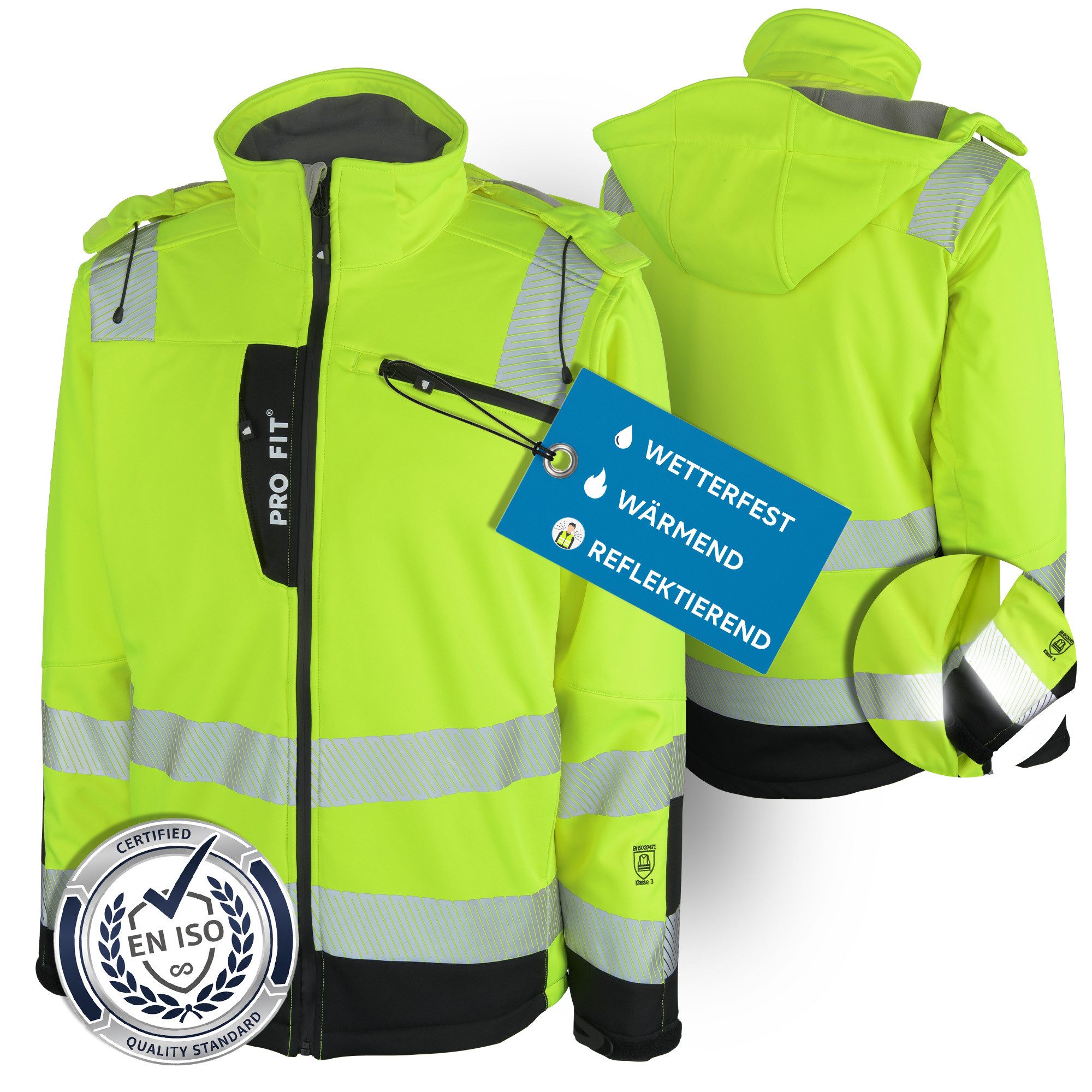 PRO FIT Arbeitsjacke Winter Warnschutz-Softshelljacke - Neongelb/Schwarz, Wasserabweisend, Winddicht, Abnehmbare Kapuze, Atmungsaktiv, Reflektor