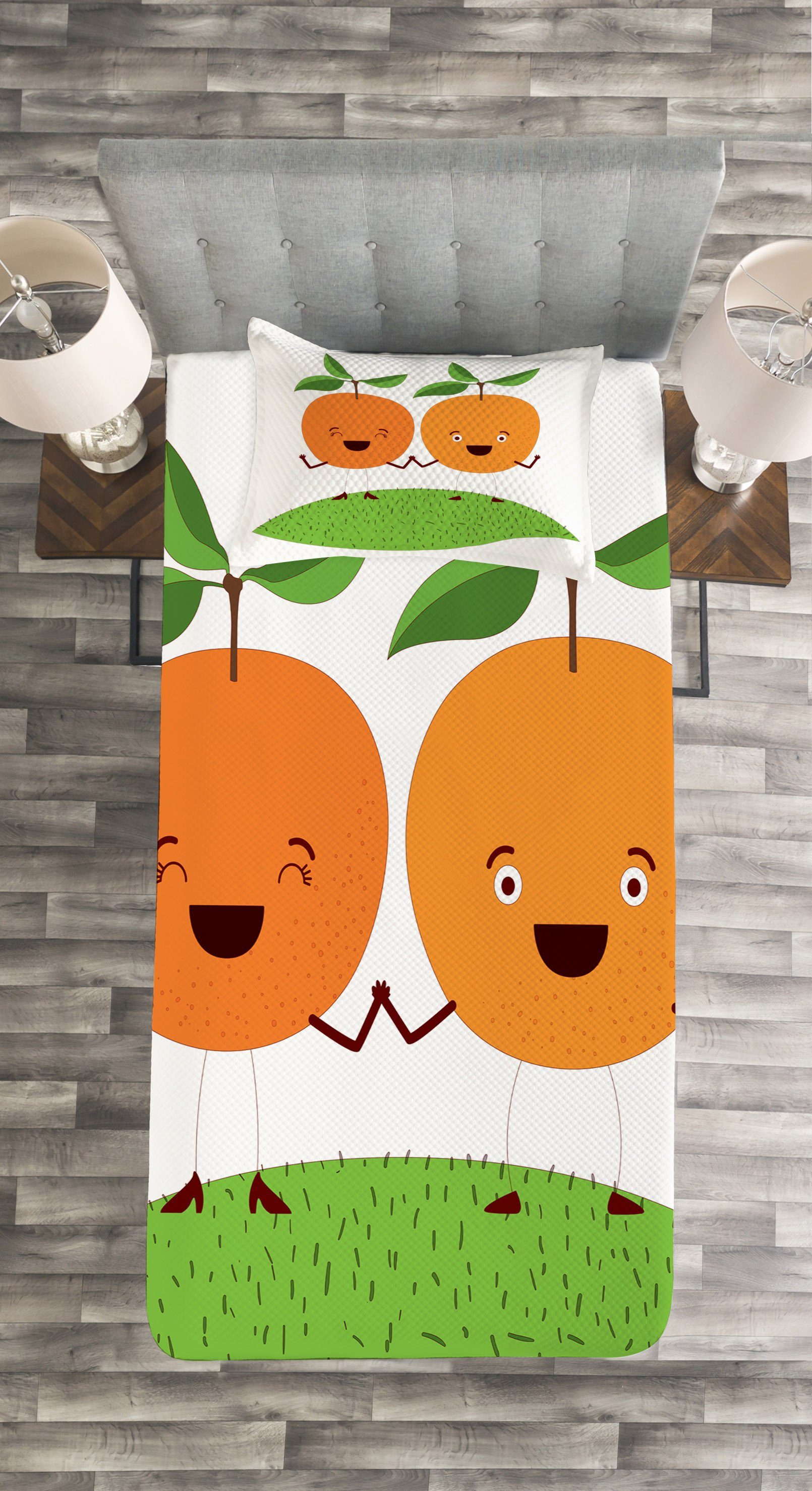 Tagesdecke Set orange Kissenbezügen mit Karikatur-Frucht Abakuhaus, grün Waschbar