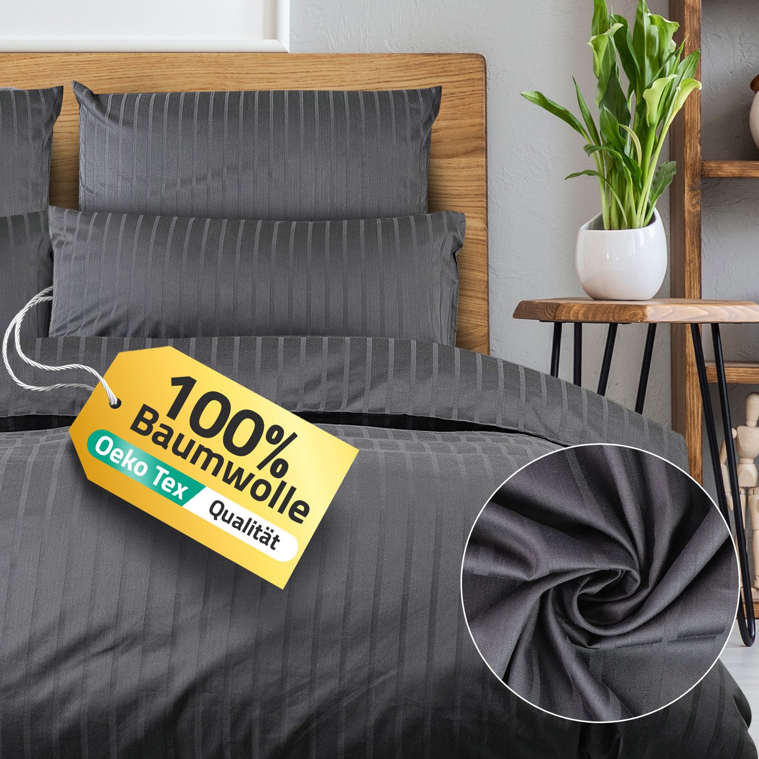 Slummer Bettwäsche Mako Satin 135x200 Baumwolle Kissenbezug 80x80, Damast, 2 teilig, Anthrazit Grau Reißverschluss