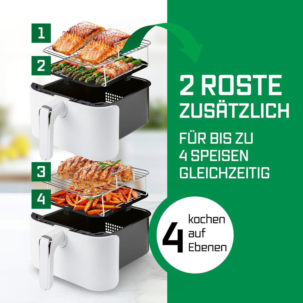 GOURMETmaxx Heißluftfritteuse FryUp Vertikaler Doppelkammer Airfryer 2x 5l, 2800 W, klappbares Touchdisplay 32% platzsparender Fassungsvermögen 10L