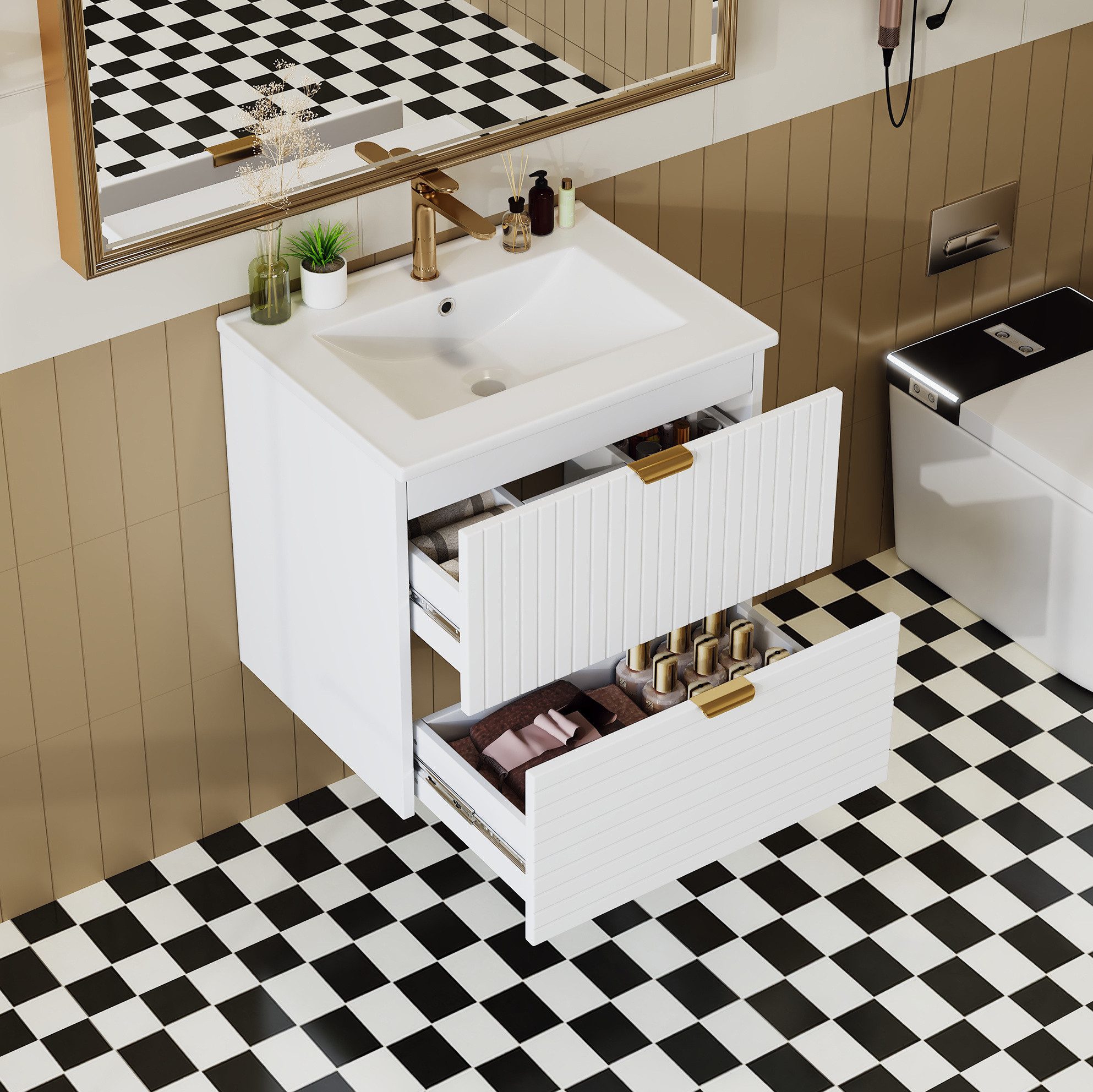 MODFU Waschbeckenunterschrank Bad Waschtisch wandmontiert 61x46x57 cm, Badezimmerschrank (Badschrank aus MDF mit 2 leisen Schubladen, vertikaler und horizontaler Struktur sowie Becken)