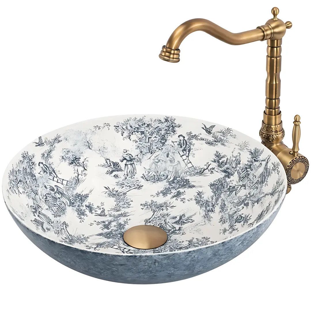wohnwerk.idee Aufsatzwaschbecken Waschbecken rund Keramik Vintage Muster Badwaschbecken Blau Braun