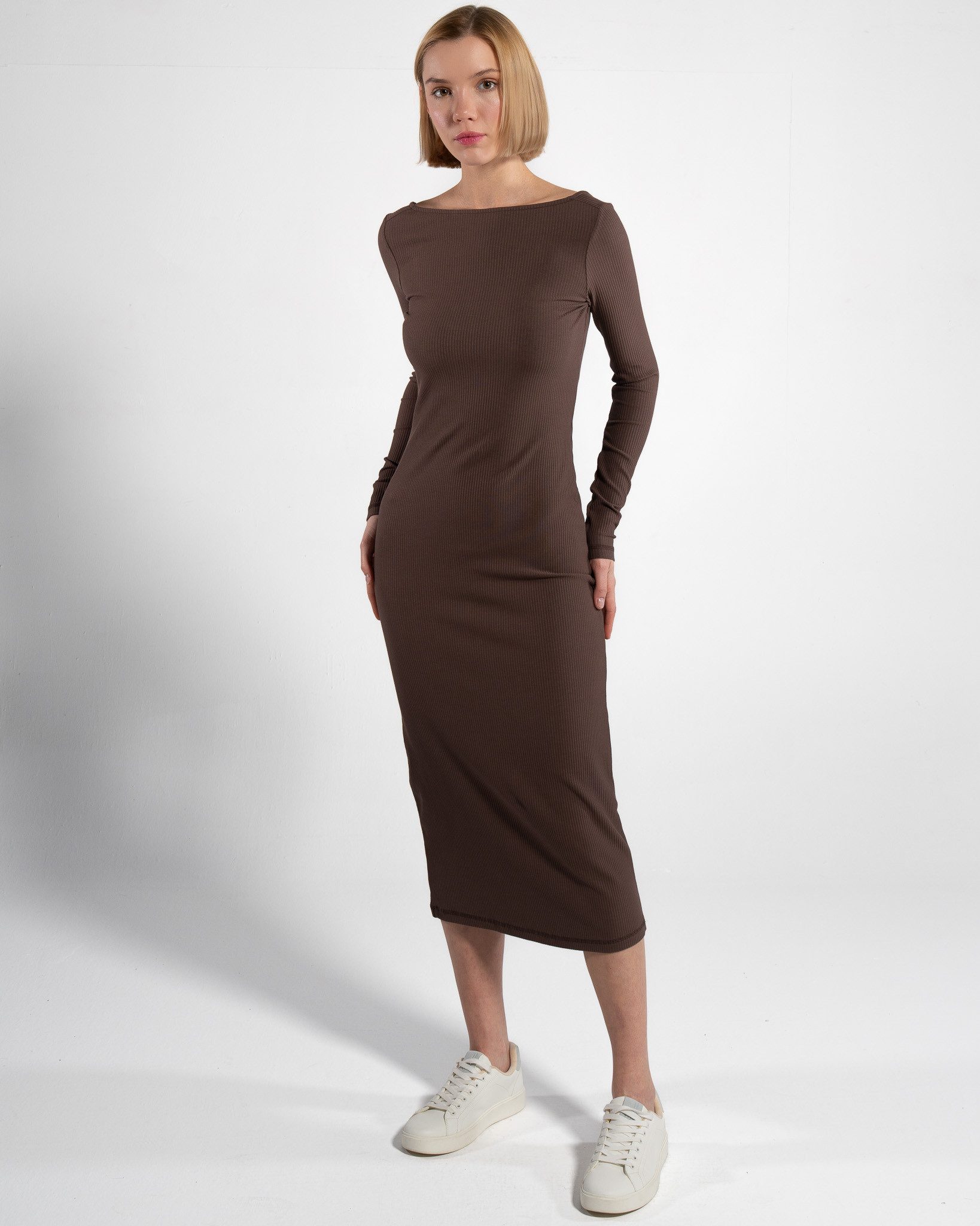 GORG Midikleid Geripptes Langarm-Midikleid aus Bio-Baumwolle & TENCEL™ Modal