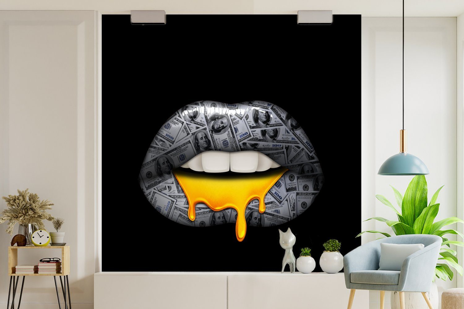 Wohnzimmer (5 Weiß, St), - und MuchoWow - Vinyl Lippen Schlafzimmer, Schwarz für Wandtapete Matt, Tapete bedruckt, Fototapete Geld oder