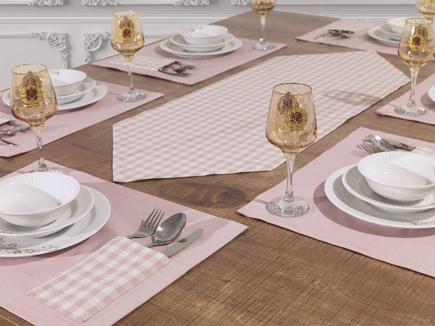 Ekershop Узкие скатерти und 6 Platz-Matten Set Tischset Platzset Platzdecken Rosa Kariert (Kariert)