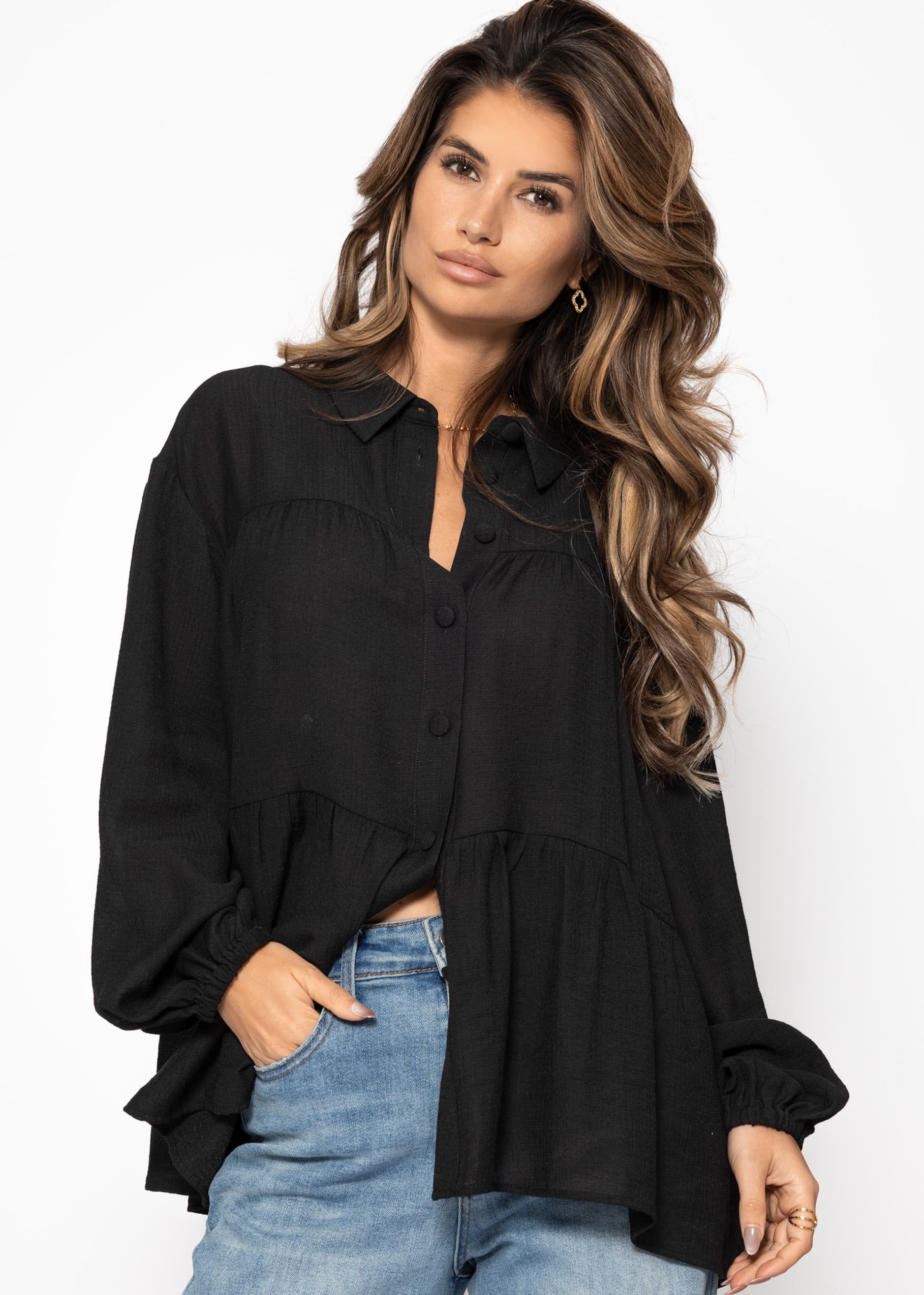 Langarmbluse Oversize Bluse Damen aus Viskosemix mit Volants