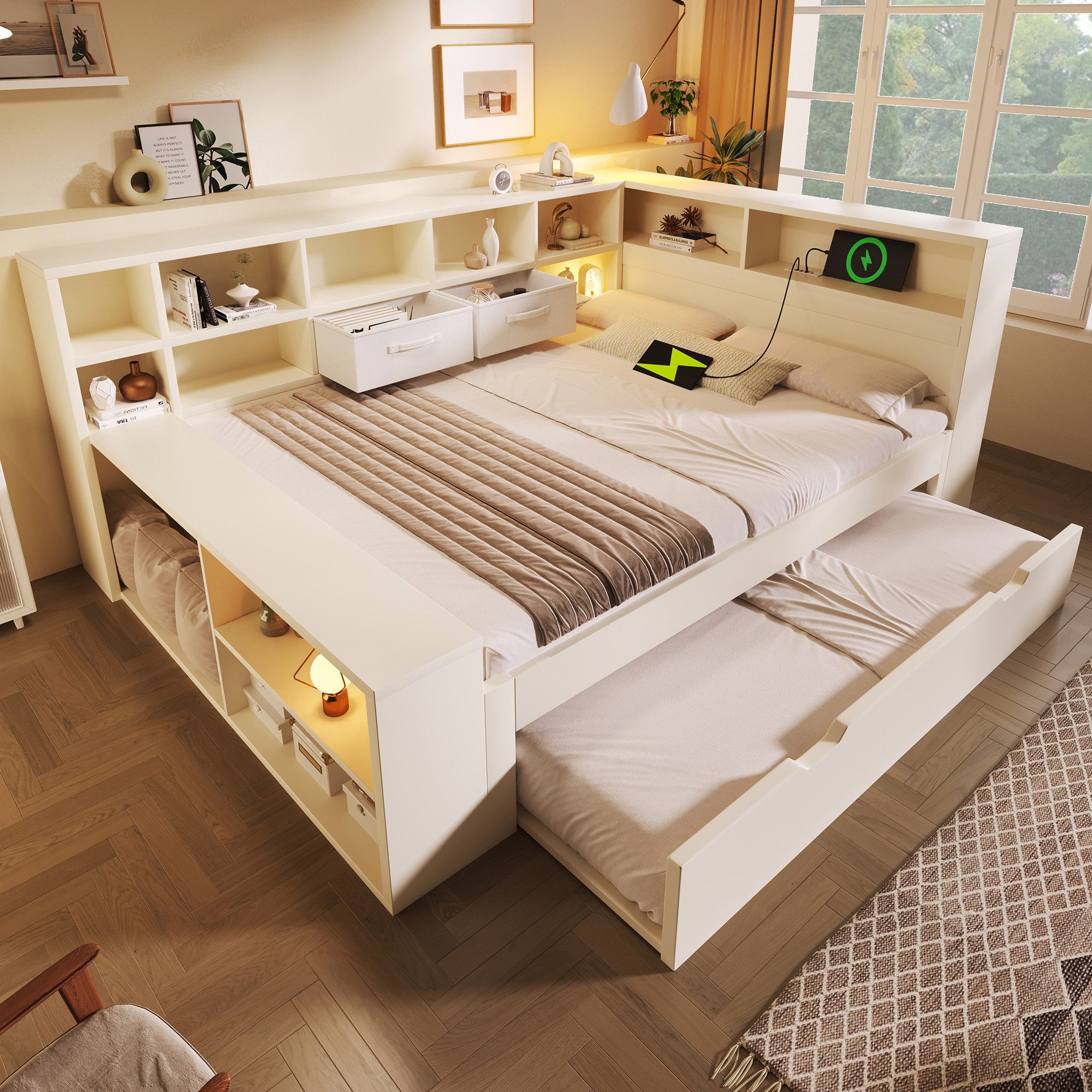 Flieks Daybett, Kinderbett 140x200cm mit Ausziehbett 90x190cm & Stauraum & USB/Type-C
