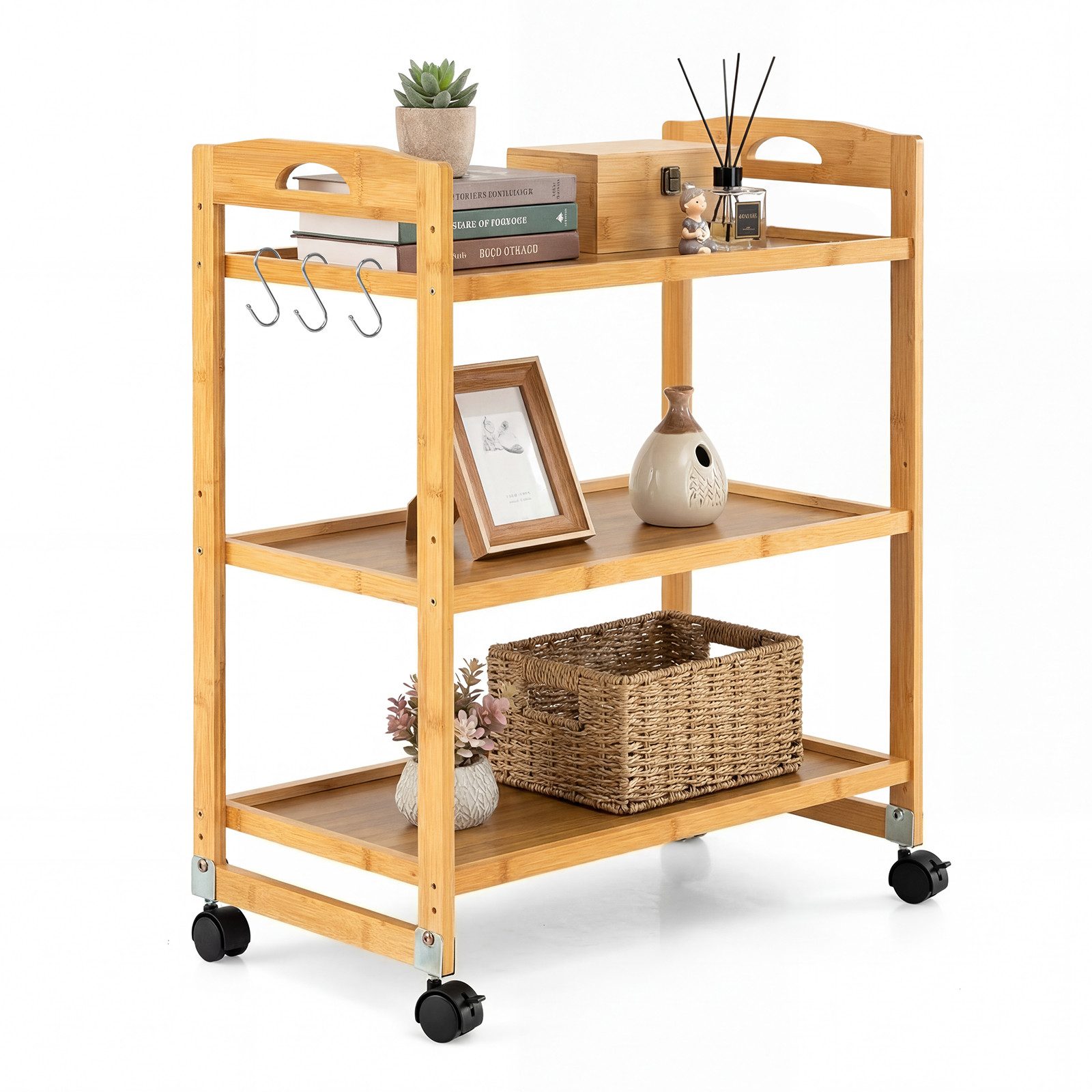COSTWAY Servierwagen, mit Rollen, Rollwagen Bambus Natur, 60 x 33 x 72 cm