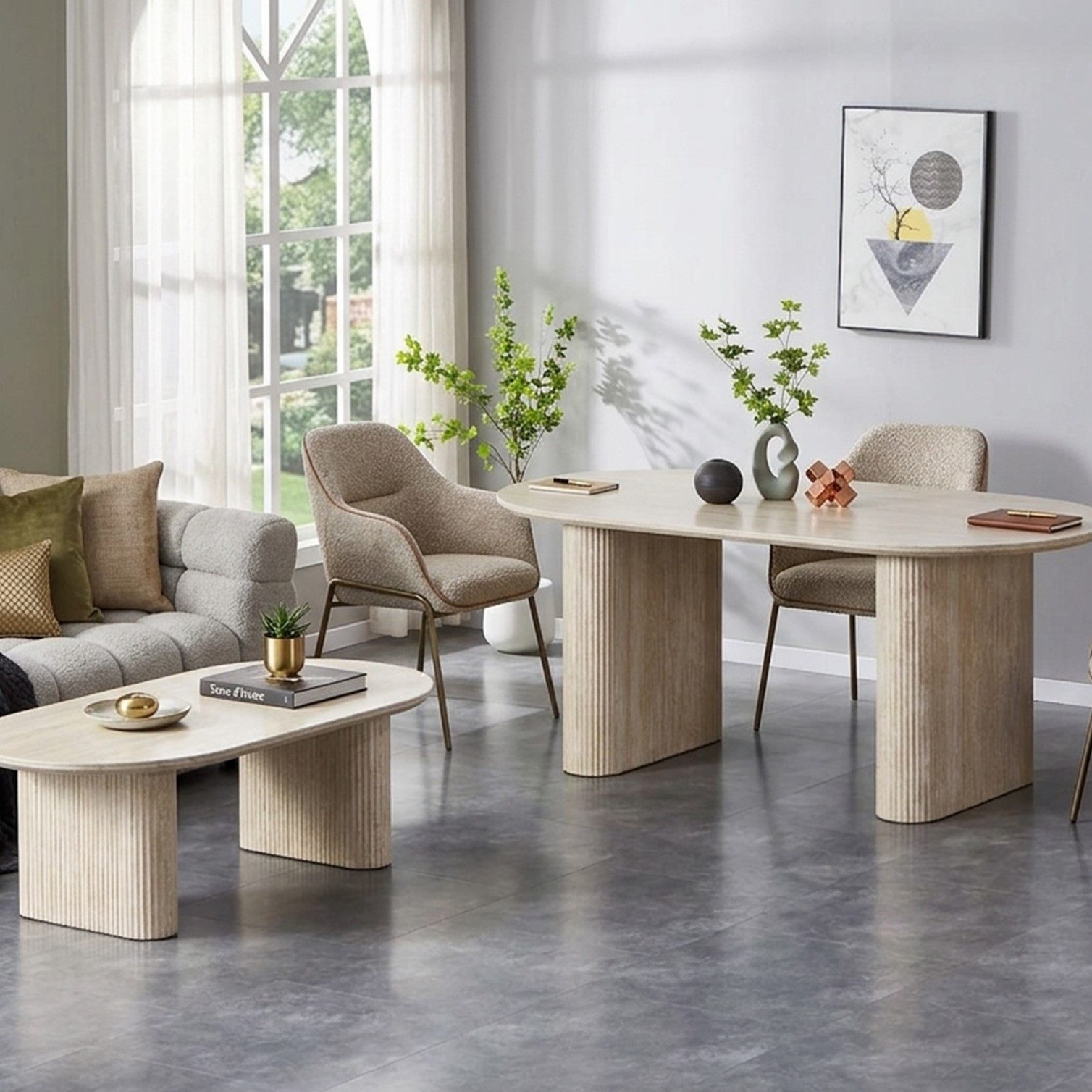 HOOZ Wohnzimmertisch Couchtisch & Esstisch oval Keramik Traventin-Optik 130x70cm/180x90cm (Set, 1× Esstisch, 1× Couchtisch), Keramik-Tischplatte, verschiedene Varianten, pflegeleicht & stabil
