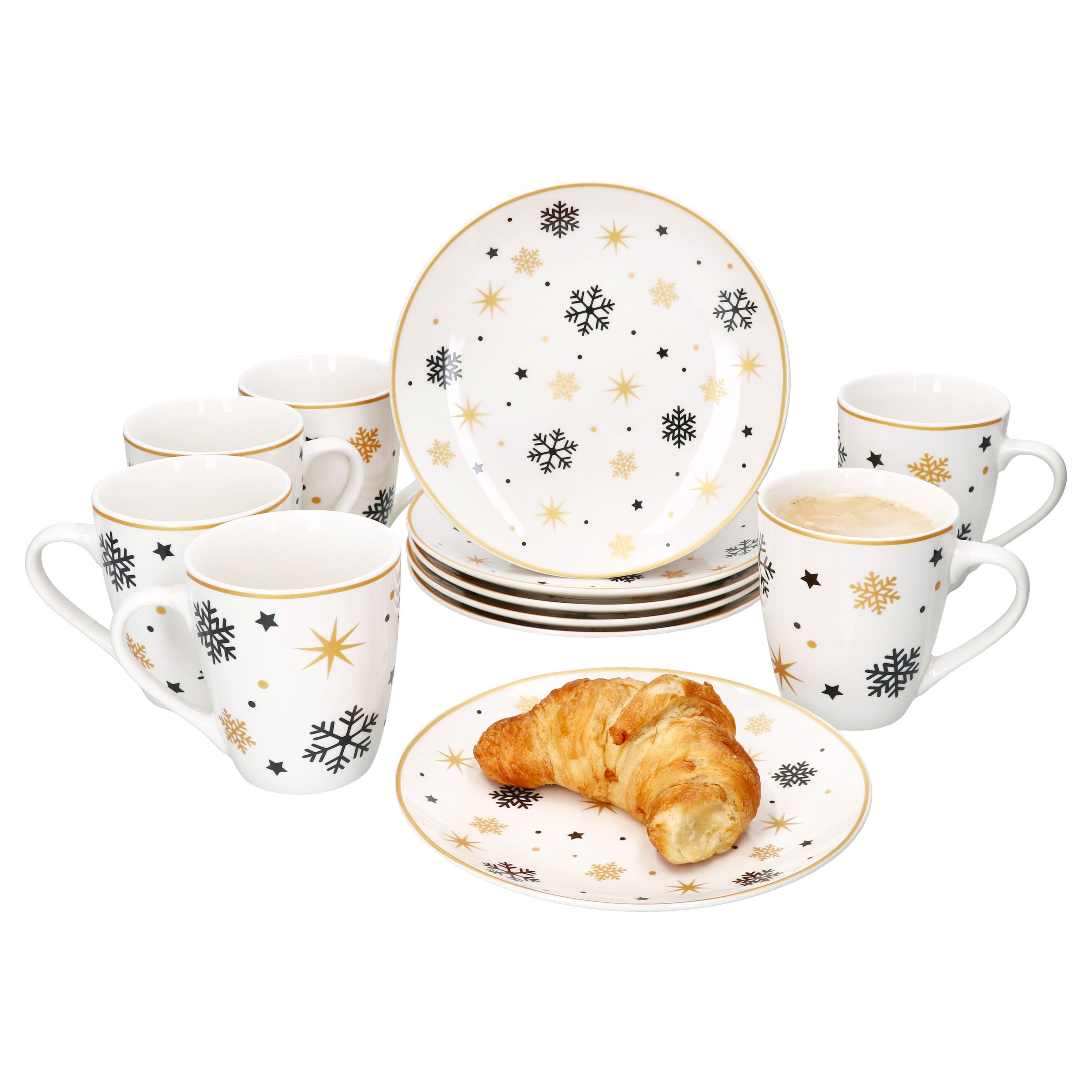 Frühstücks-Geschirrset 12tlg Frühstücksset Stars schwarz gold Steingut 6 Personen