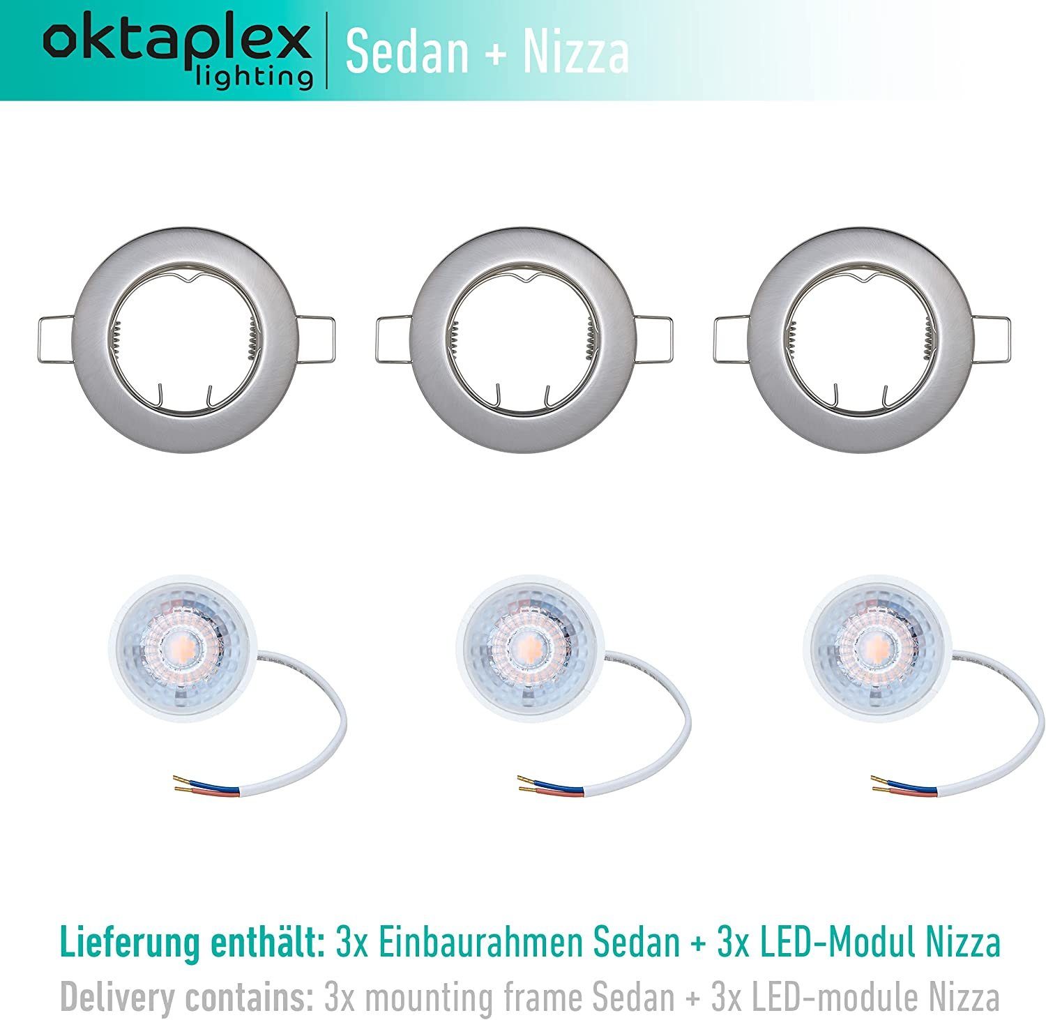 LED inkl. Lumen, Strahler Leuchtmittel wechselbar, flach 230V Kelvin silber Oktaplex 3er Set LED Einbaustrahler 3000 Module lighting Set LED Dimmung, warmweiß, 3er 380 3-Step 4,8W