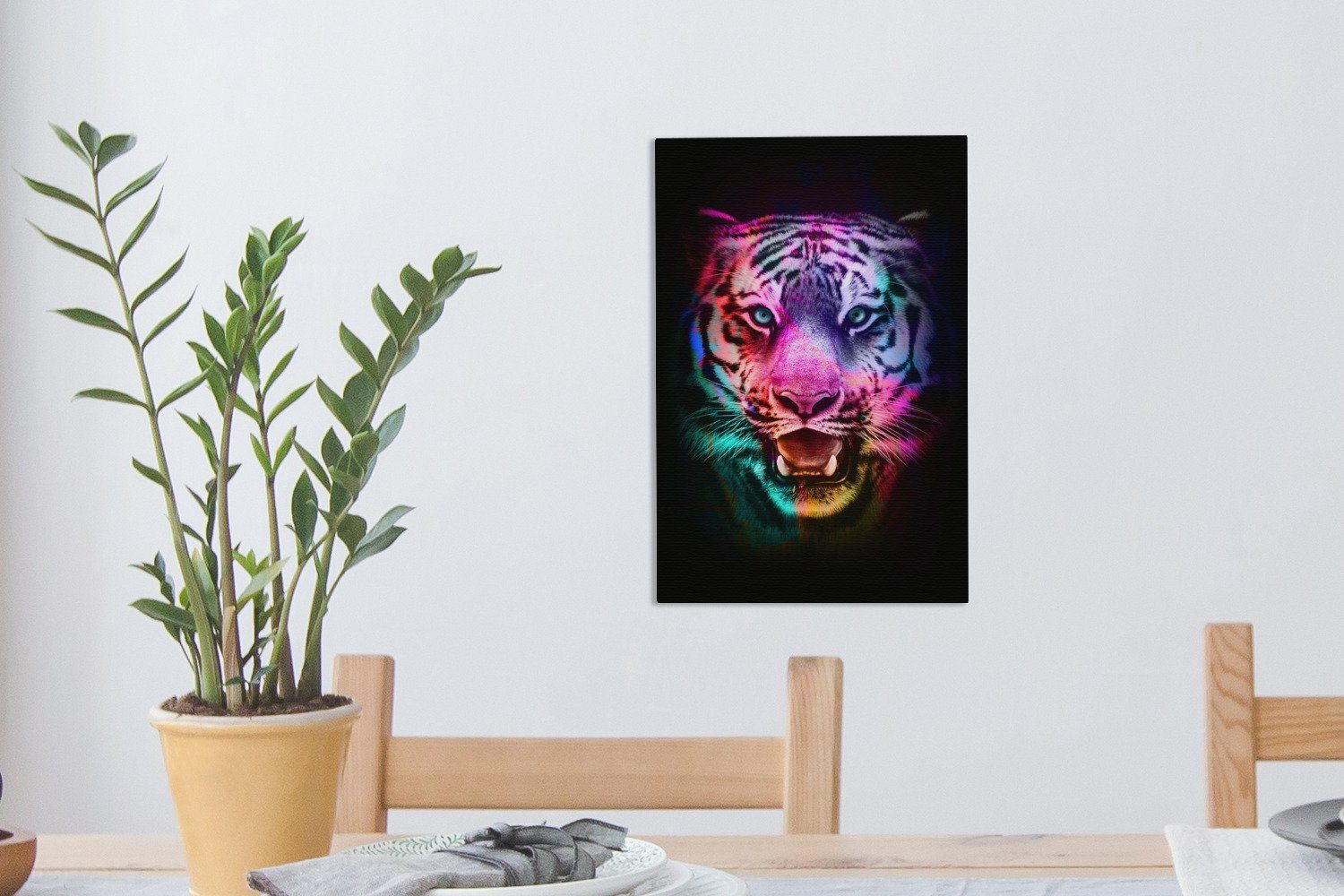 OneMillionCanvasses® Leinwandbild Farben - fertig Wild, 20x30 (1 bespannt St), Leinwandbild cm Tiger Gemälde, - inkl. Zackenaufhänger
