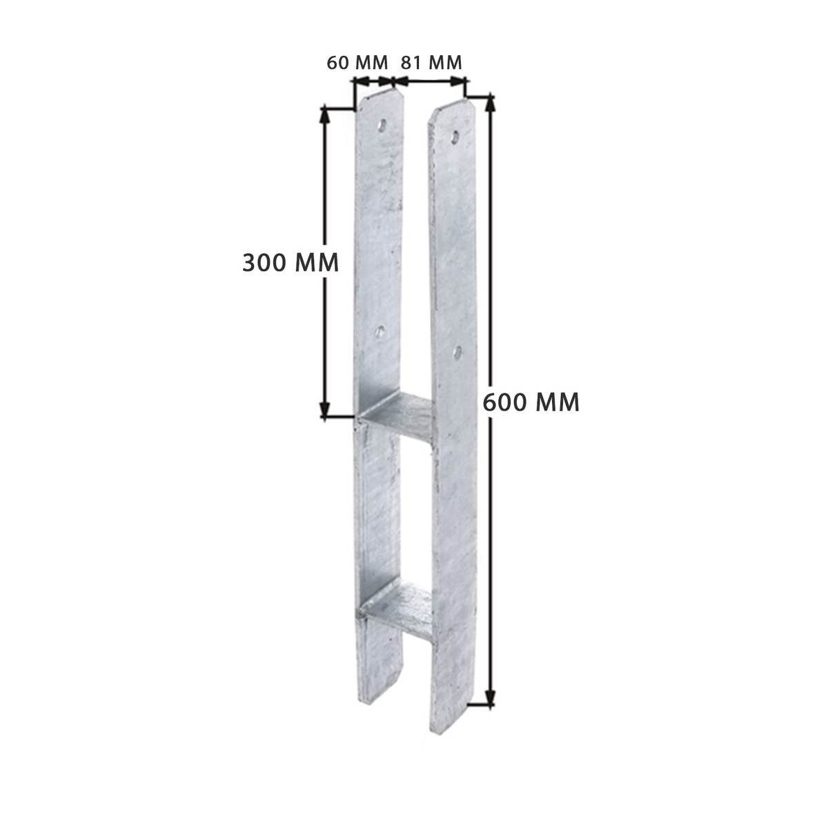 siwitec Pfostenträger 6 x H-Pfostenträger Set, Pfosten mit Befestigungsmaterial, 600 x 81 mm, für Holzpfosten im Außenbereich, zum Einbetonieren, (Set) – Bild 2 von 2