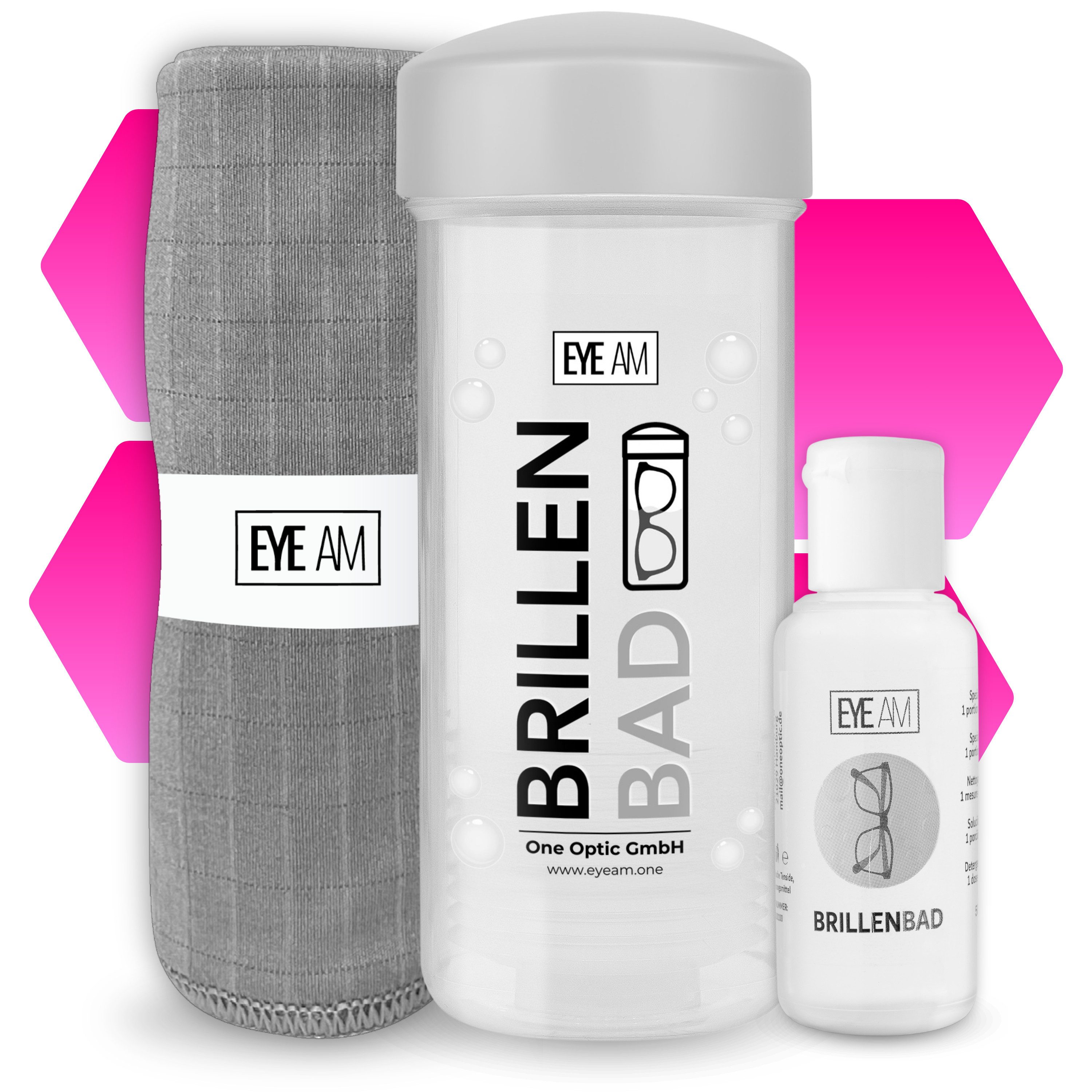 EyeAm Brillenbad Set inkl. 50ml Konzentrat & Mikrofasertuch, Reinigungskonzentrat (im Set mit 50ml Spezialreiniger & Mikrofasertuch 40x40 cm)