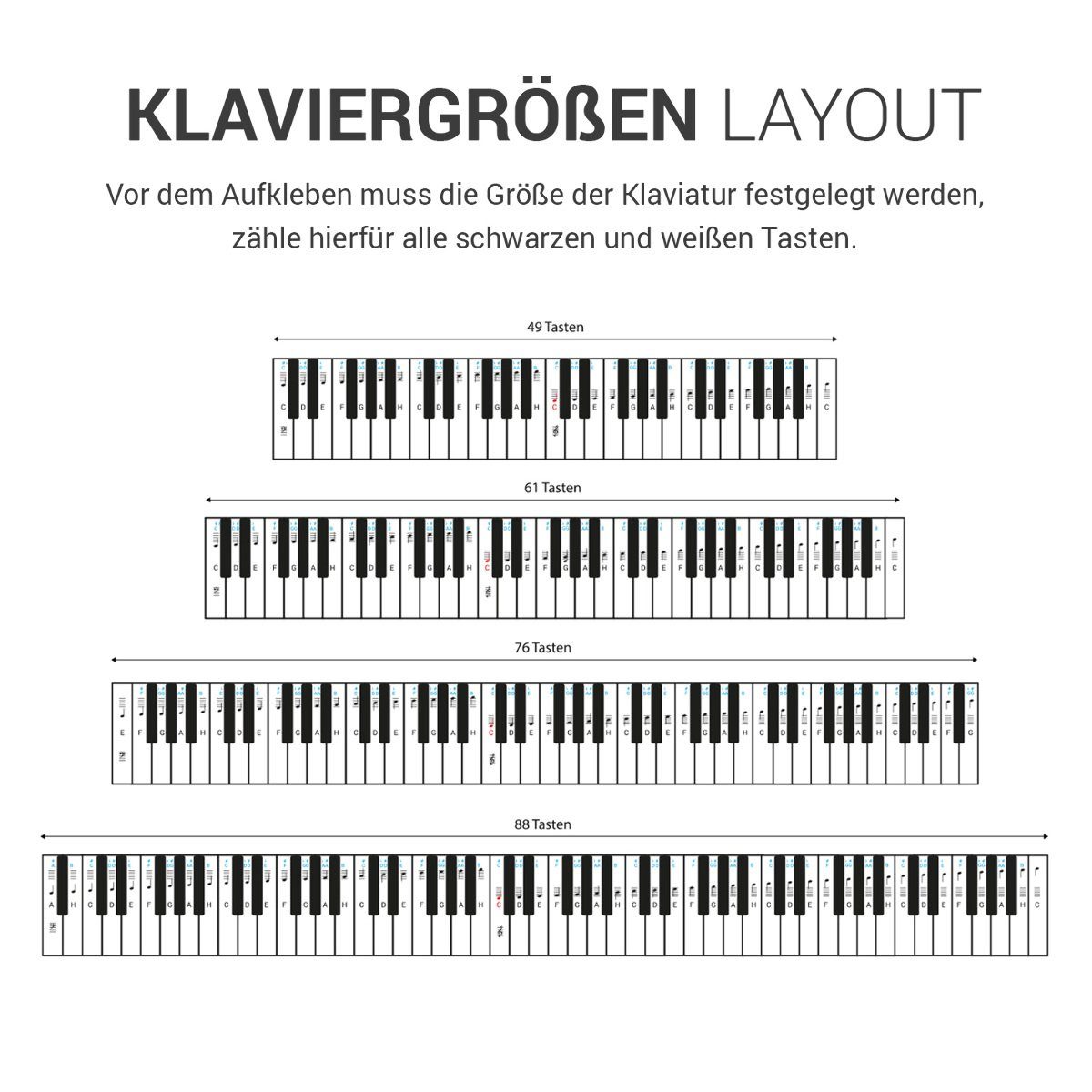kwmobile Aufkleber Notenaufkleber für Keyboard/Piano - 49/61/76/88 Tasten,  transparent, Notenaufkleber für Keyboard/Piano - 49/61/76/88 Tasten,  transparent