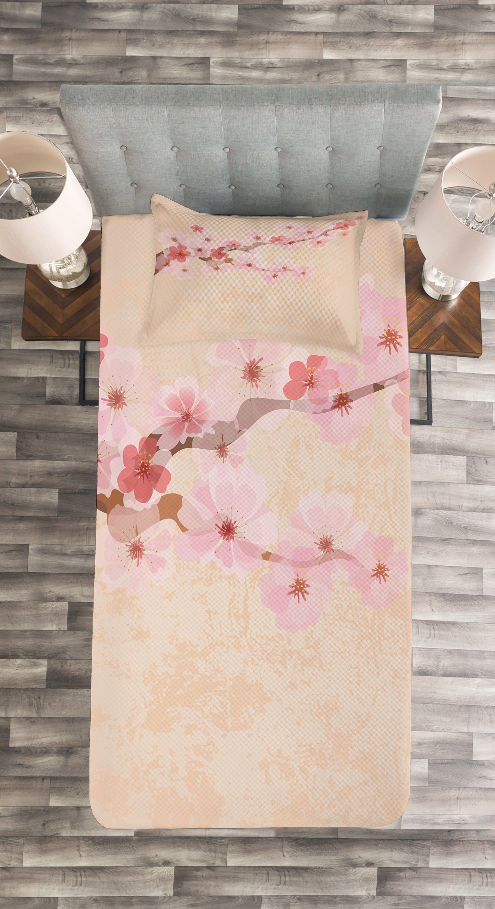 Tagesdecke Set mit Kissenbezügen japanisch Rosa Kirschblüten Abakuhaus, Waschbar