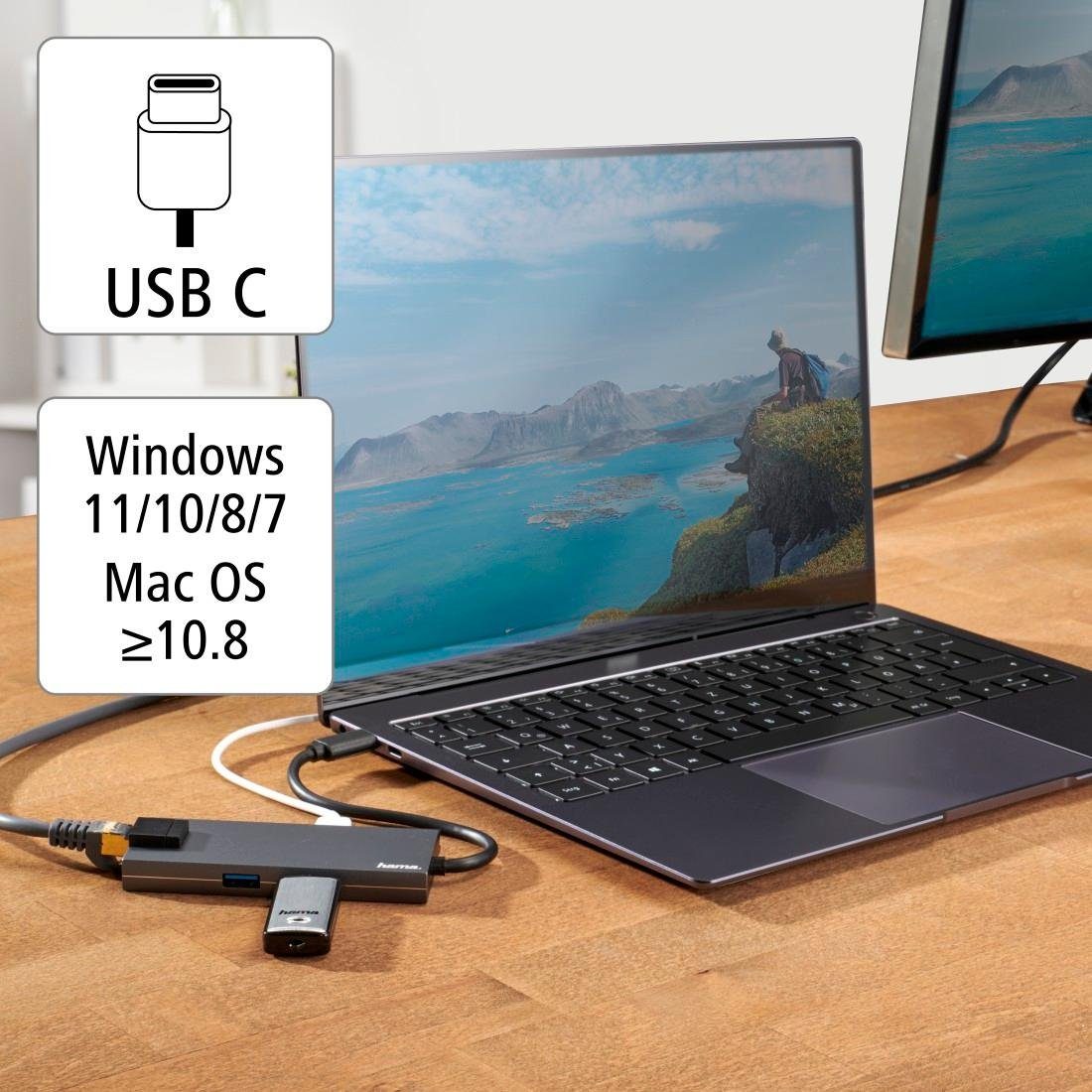 Hama USB-C Multiport Hub für Laptop mit 5 Ports, USB-A, USB-C, HDMI, LAN USB-Adapter USB-C zu HDMI, RJ-45 (Ethernet), USB Typ A, USB Typ C, 15 cm, Laptop Dockingstation, kompakt, robustes Gehäuse, silberfarben