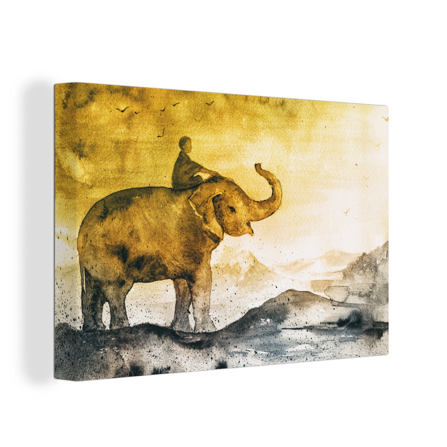 OneMillionCanvasses® Leinwandbild Elefant - Kind - Berg - Aquarell, (1 St), Wandbild Leinwandbilder, Aufhängefertig, Wanddeko, 30x20 cm