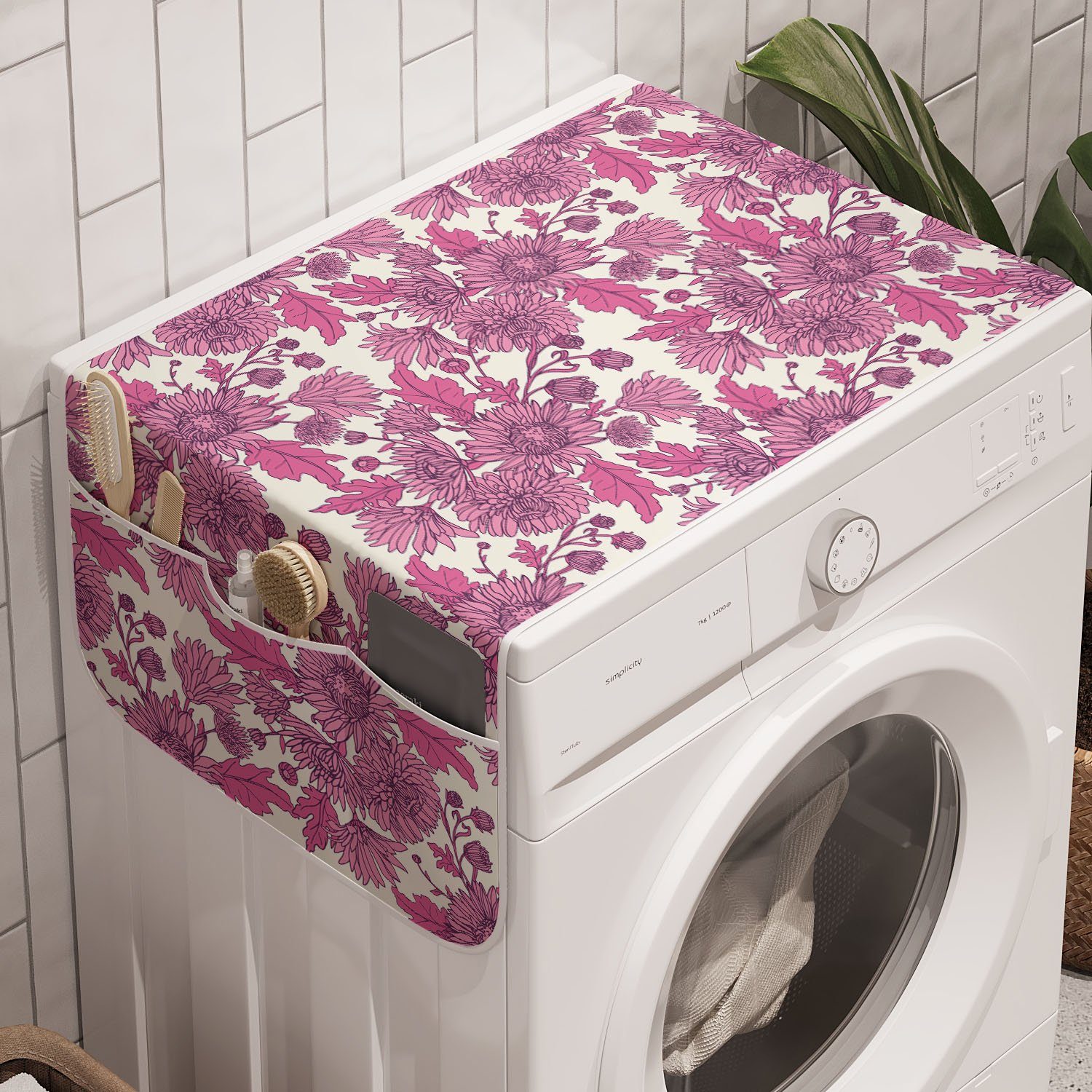 Abakuhaus Badorganizer Anti-Rutsch-Stoffabdeckung für Waschmaschine und Trockner, Blumen Hand Drawn Chrysanthemen