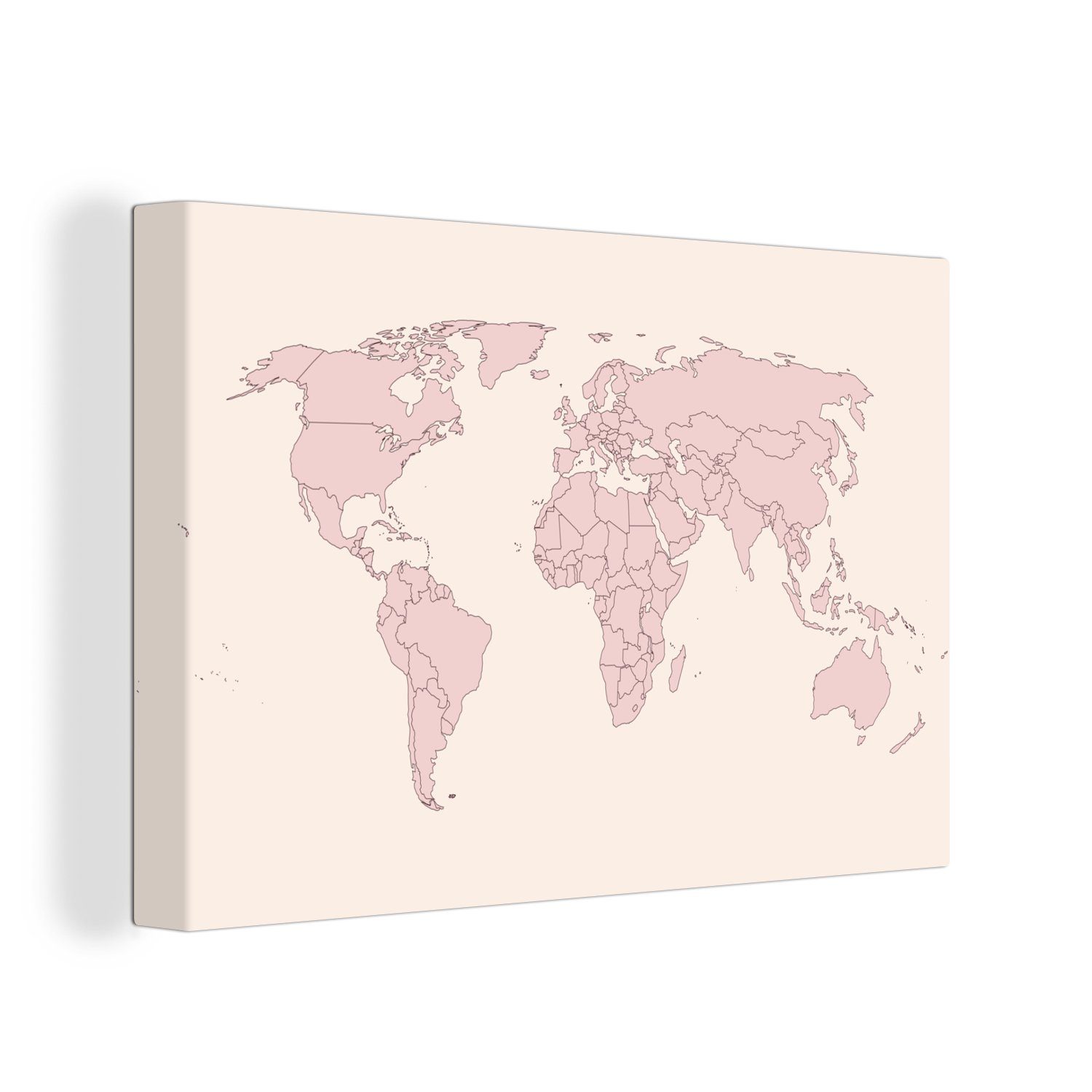 30x20 (1 Aufhängefertig, Wandbild Einfach Wanddeko, - Leinwandbild cm Rosa, OneMillionCanvasses® - St), Leinwandbilder, Weltkarte