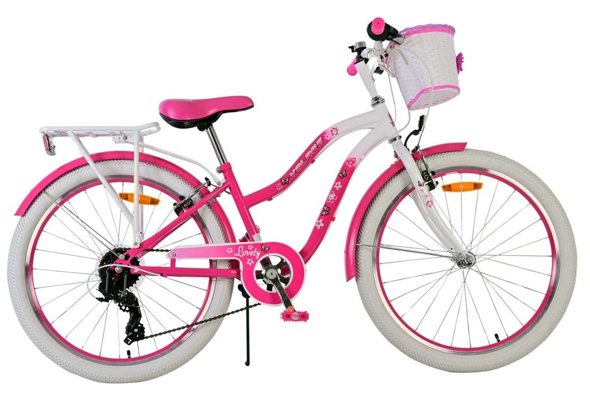 Volare Kinderfahrrad 24 ZOLL Kinder Mädchen Fahrrad Kinderfahrrad Rad LOVELY 7 Gänge 24122, 7 Gang Shimano, Kettenschaltung, 7 Gänge, Korb, Seitenständer, Gepäckträger