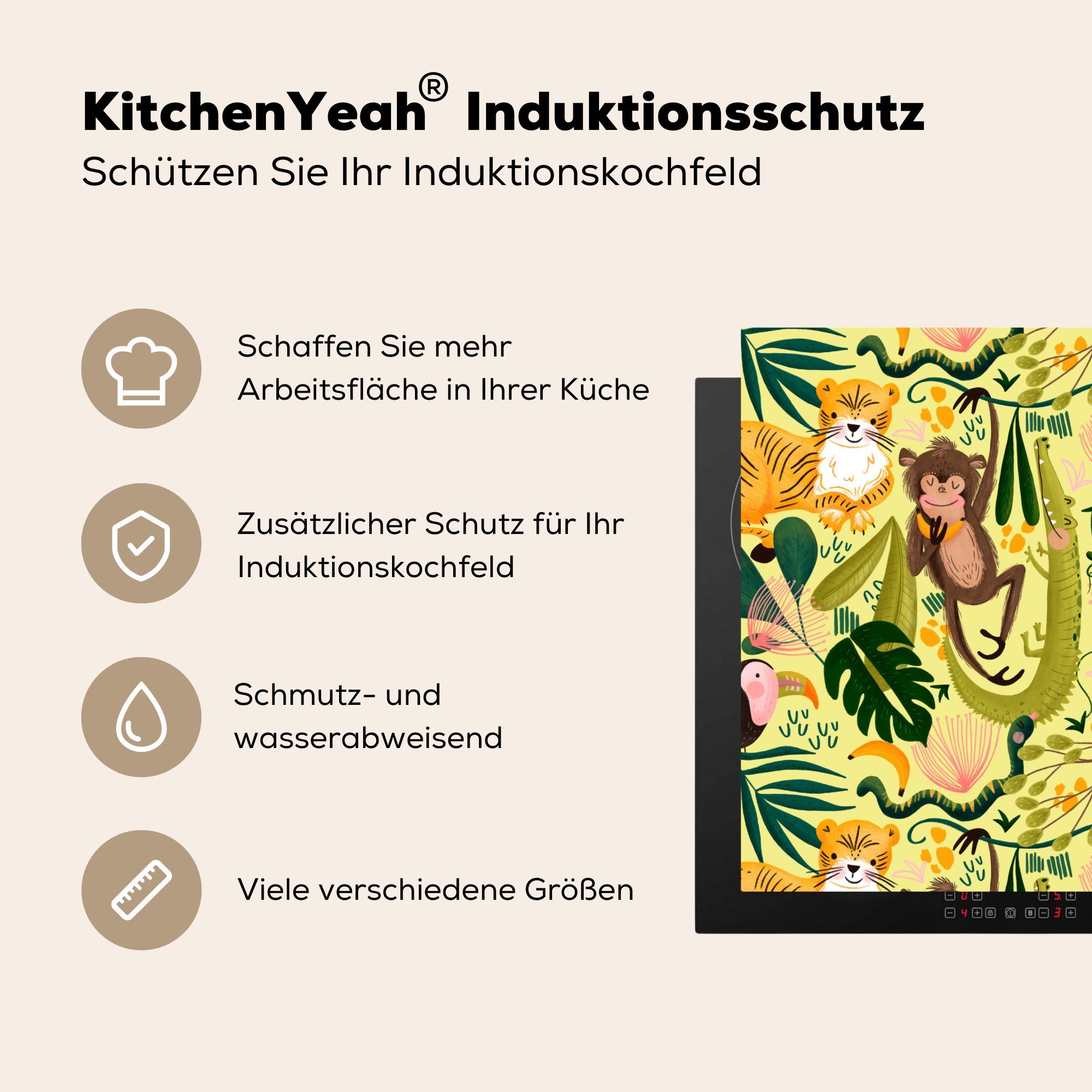 MuchoWow Herdblende-/Abdeckplatte Dschungel - Affe Ceranfeldabdeckung, Arbeitsplatte küche - cm, Gelb, (1 - Vinyl, 78x78 Krokodil für tlg)