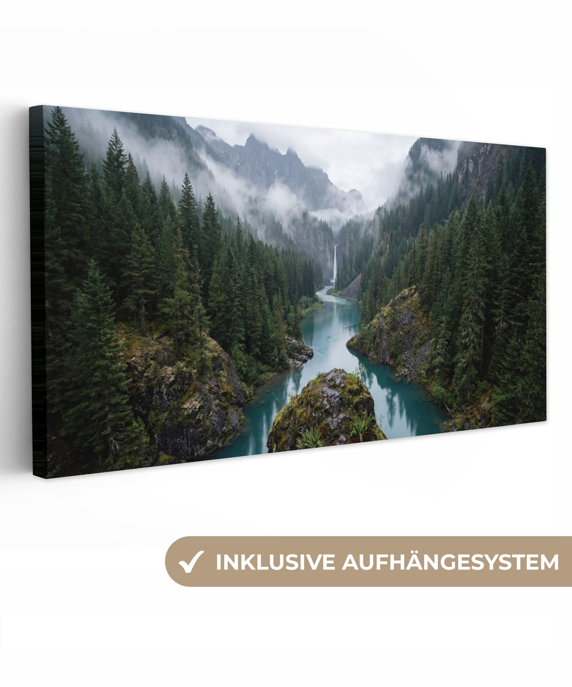 Leinwandbild Panorama Wasserfall - Bäume - Berge