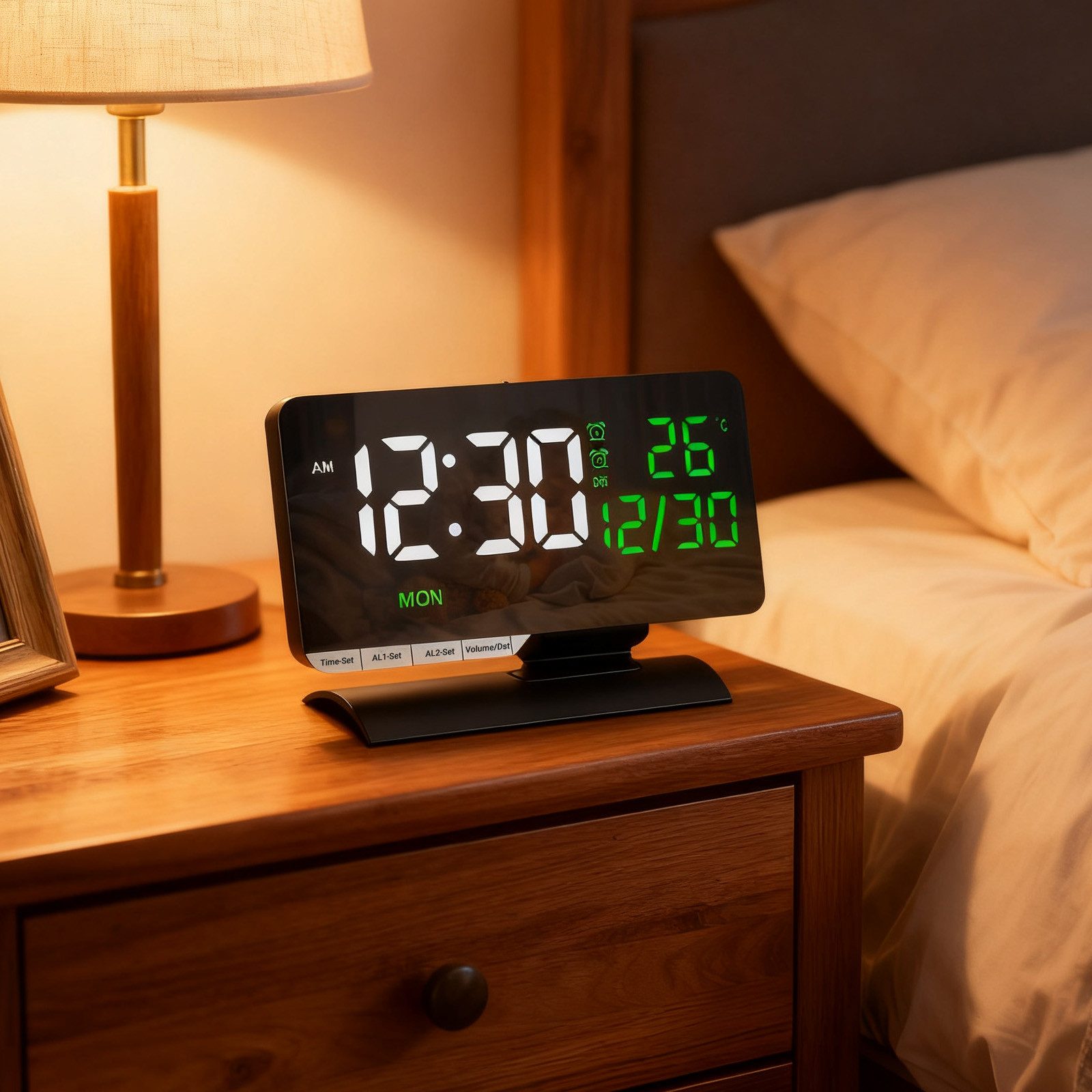 MODFU Wecker Digitalwecker Tischwecker LED-Wecker Schlafzimmerwecker mit Kalender mit 7,3"-LED-Display Doppelalarm Snooze automatische Dimmung