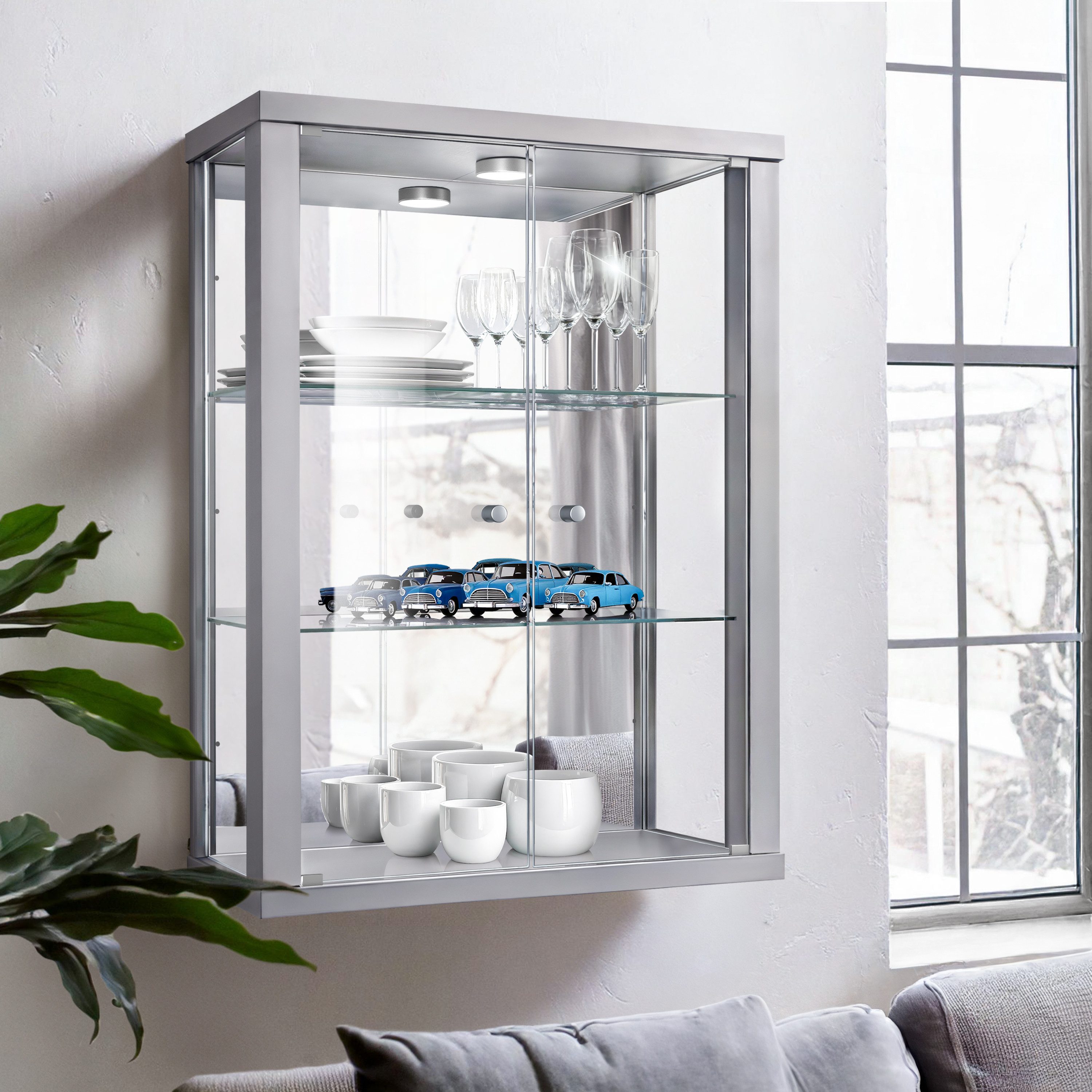 K-Möbel Hängevitrine C1013 (Glasvitrine (80x60x25 cm) mit 2 Glastüren), Wandvitrine