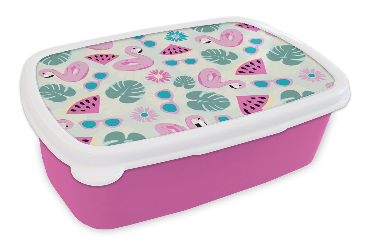 MuchoWow Lunchbox Sommer - Muster - Flamingo - Monstera, Kunststoff, (2-tlg), Brotbox für Erwachsene, Brotdose Kinder, Snackbox, Mädchen, Kunststoff rosa