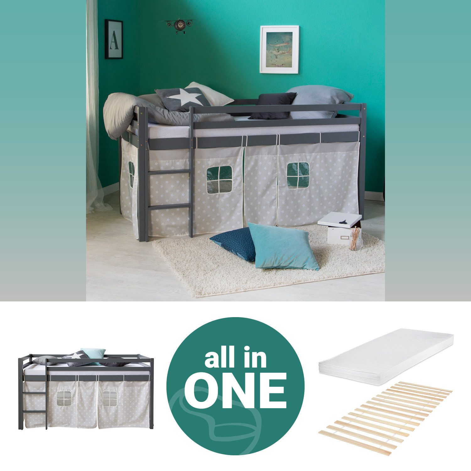 Homestyle4u Kinderhochbett 90x200 Grau mit Lattenrost Matratze 2783 günstig online kaufen
