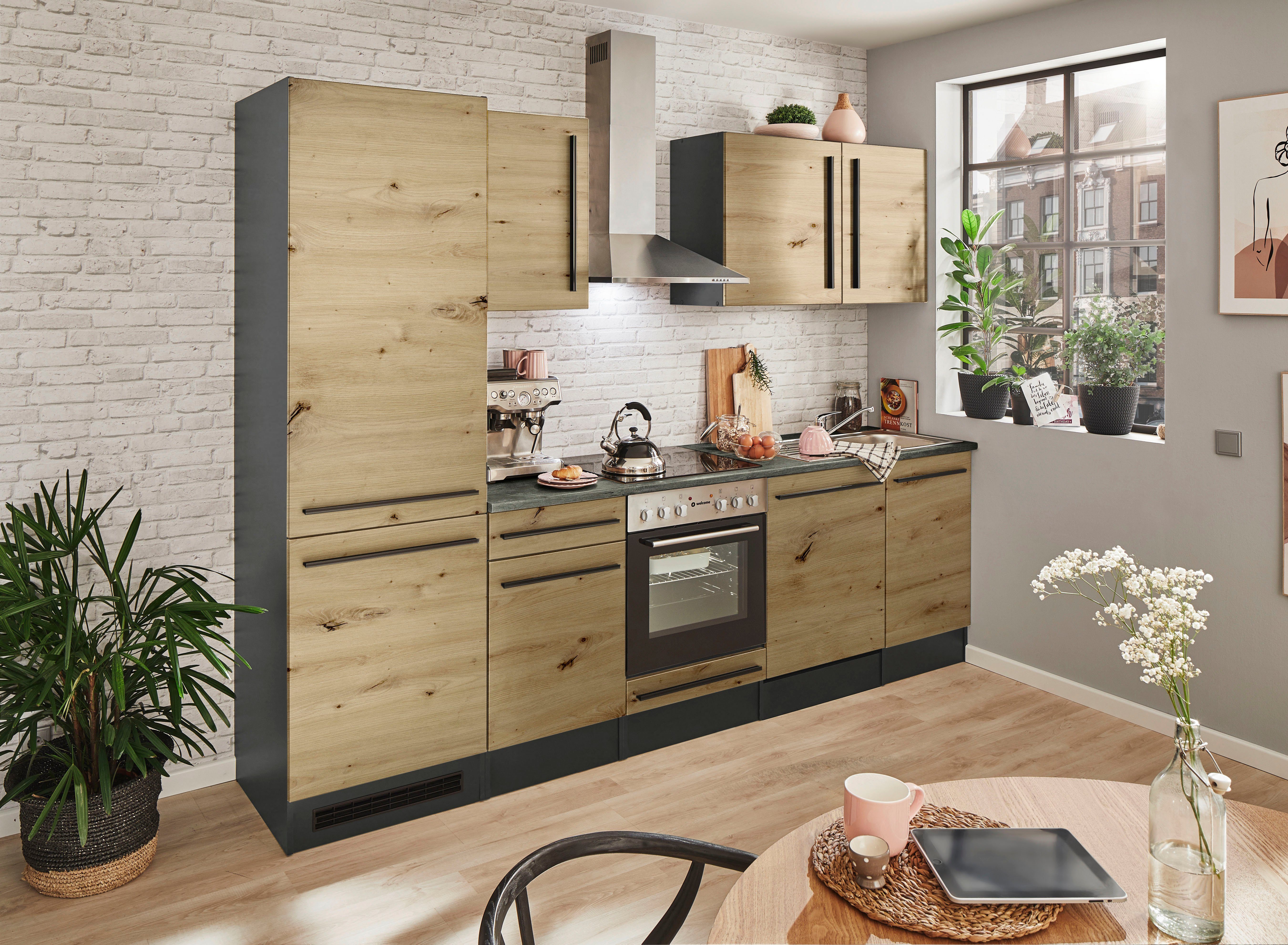 artisan mit 280 Jazz, eiche cm, Küchenzeile eiche-metallic wahlweise anthrazit/artisan Breite BASIC braun E-Geräten | by Balculina