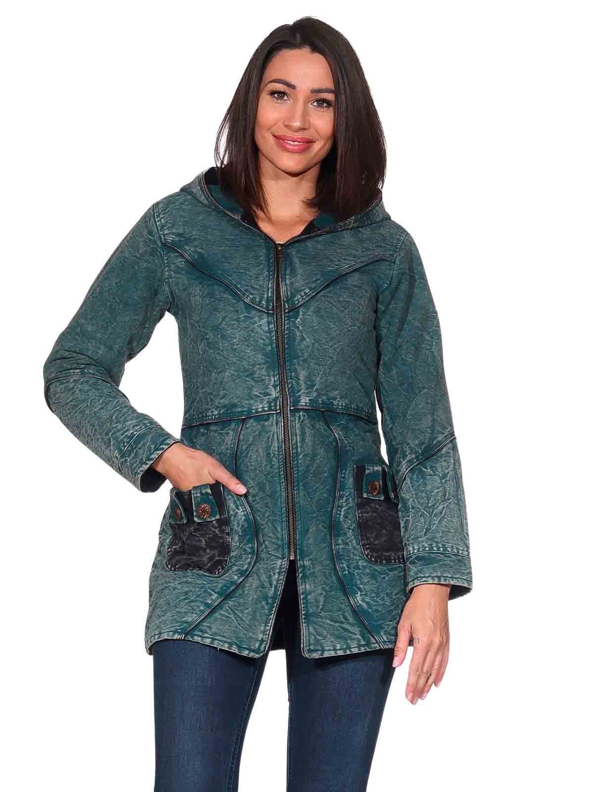KUNST UND MAGIE Langjacke Vintage Damen Kurz Mantel + Kapuze Stonewashed Jacke Baumwolle Boho Vintage Stonewashed
