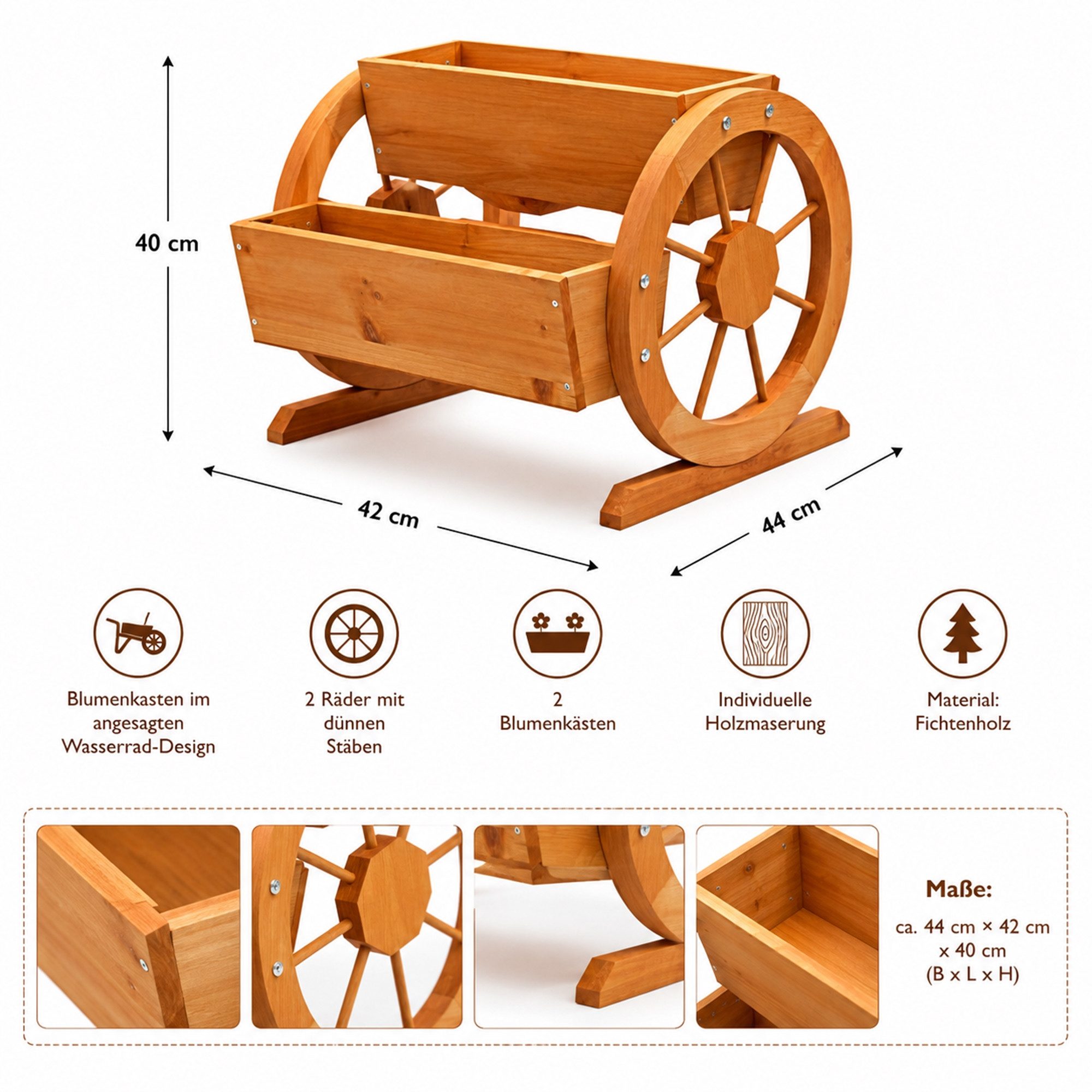 Mucola Pflanzkübel Pflanzkübel + Wagenräder Holz Garten Dekoration Blumentrog Holzkasten (Stück, 1 St., Pflanzkübel + Wagenräder), Zum Aufstellen auf dem Boden, einer Mauer oder einem Gartentisch