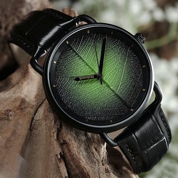 Holzwerk Quarzuhr FICHTENAU Leder & Edelstahl Armbanduhr, Baumblatt, schwarz, oliv grün
