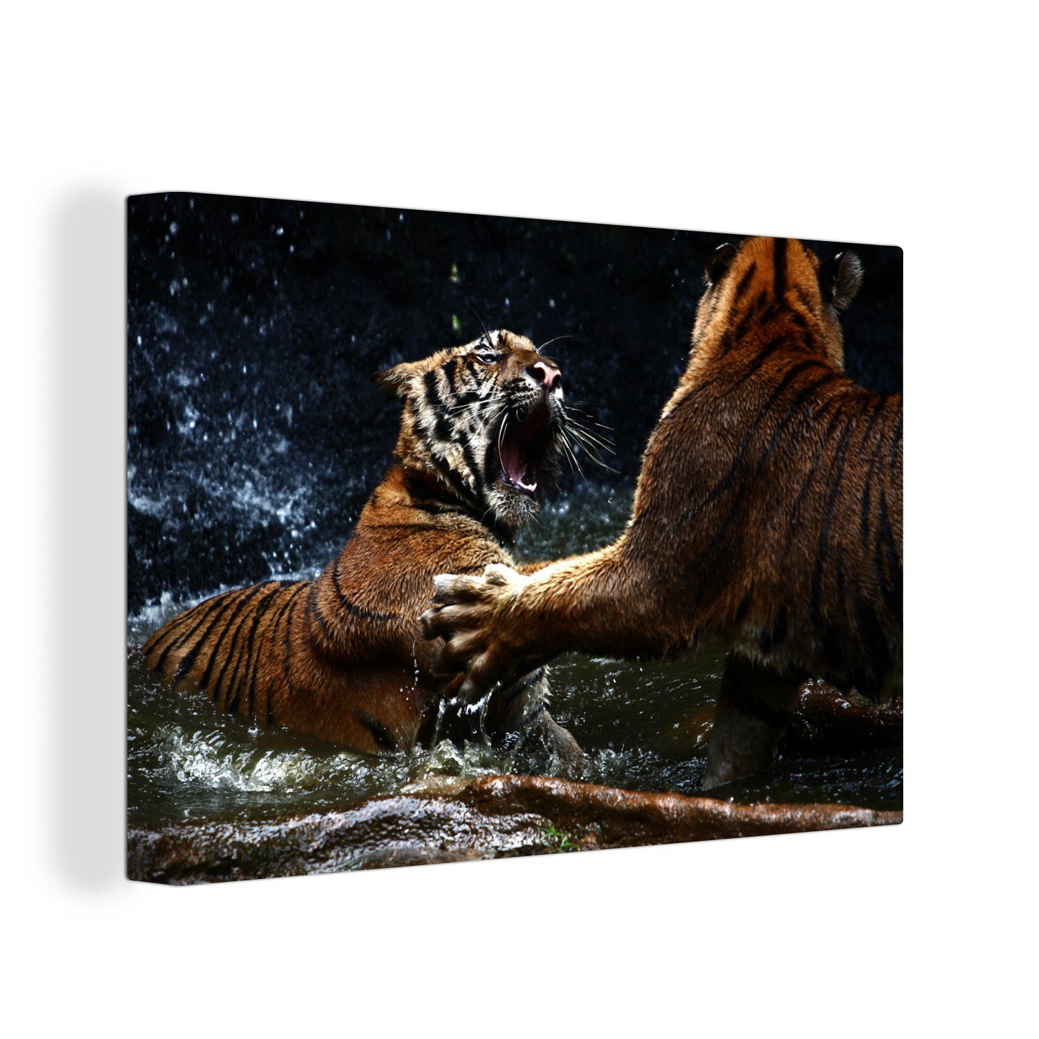 OneMillionCanvasses® Leinwandbild Tiger - Spiele - Wasser, (1 St), Wandbild Leinwandbilder, Aufhängefertig, Wanddeko, 30x20 cm