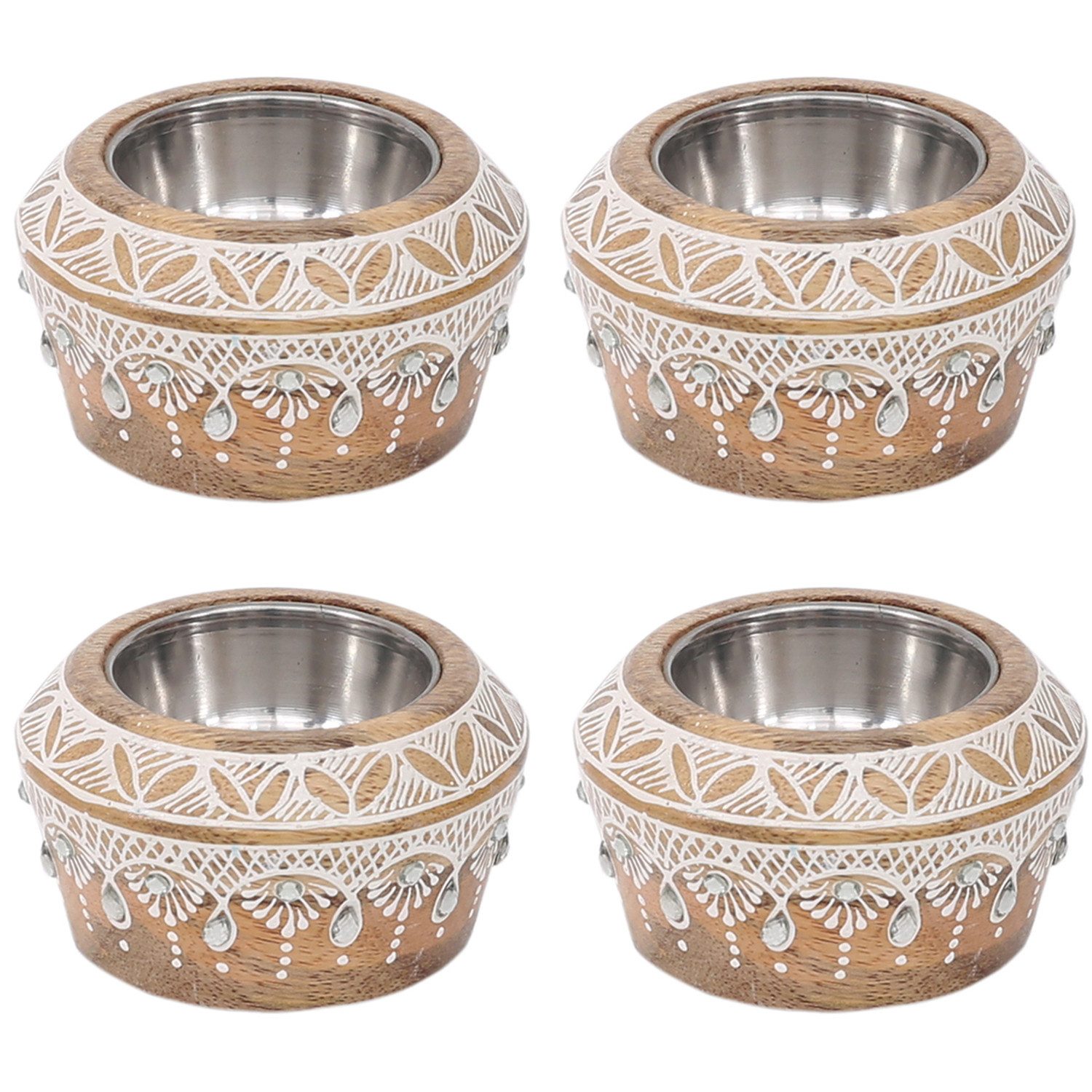 Marrakesch Orient & Mediterran Interior Tischkerzenhalter 4er Set Boho Teelichthalter Anasuya aus Mangoholz in Braun-Weiß 9 cm (4 St), Handarbeit