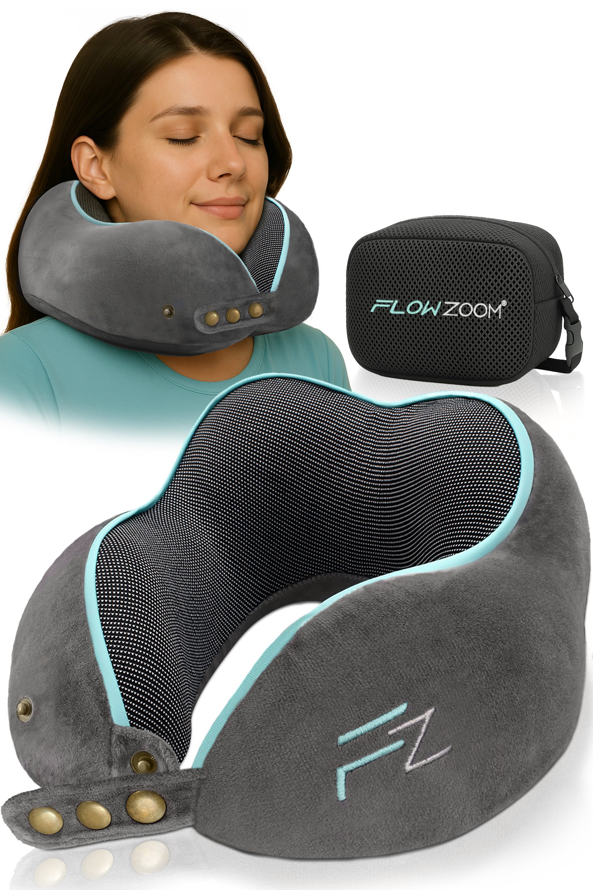 FLOWZOOM Nackenhörnchen COMFY - Nackenkissen Flugzeug - Reisekissen aus Memoryschaum, Nackenhörnchen für Erwachsene - Nackenkissen Reisen - verstellbar