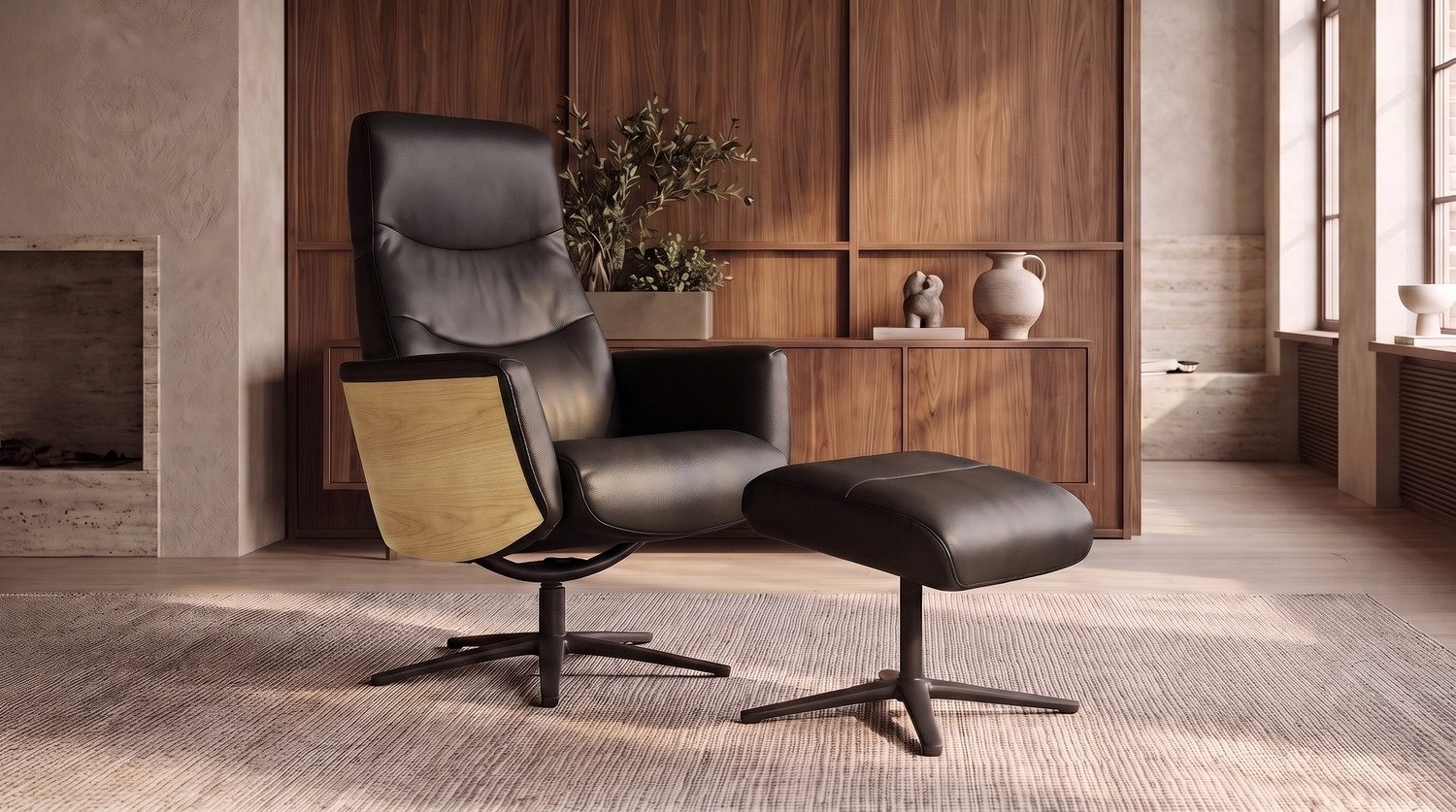 KAWOLA Relaxsessel VANITAS Leder schwarz Eichenfinish Komfort Drehsessel, 360° drehbar, Relaxfunktion, Kopfstütze, inklusive Fußhocker